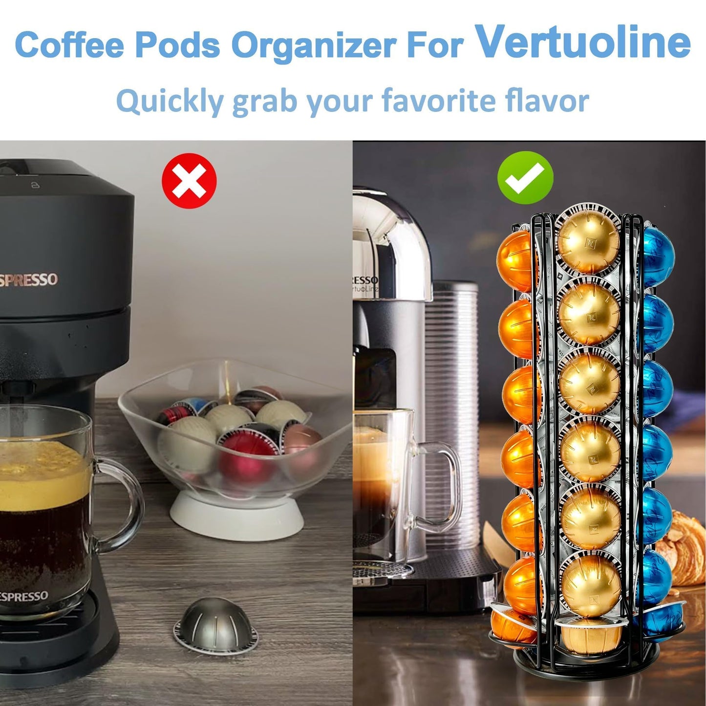 Worbic Coffee Pod Holder Organizer for Nespresso VertuoLine, Black Metal Coffee Pod Capsule Holder Stand Rotating Carousel,Holds 35 Capsules