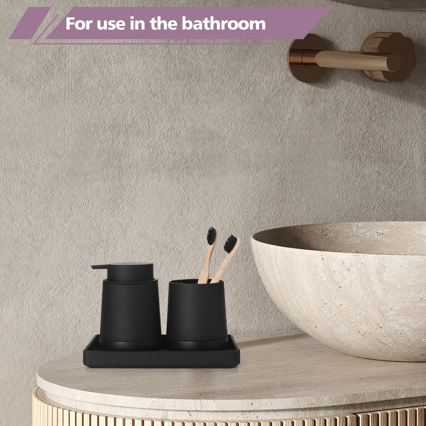 Black Bathroom Countertop Accessories Set - Soap Dispenser and Toothbrush Holder with Silicone Boot,Vanity Tray (Black Liquid)