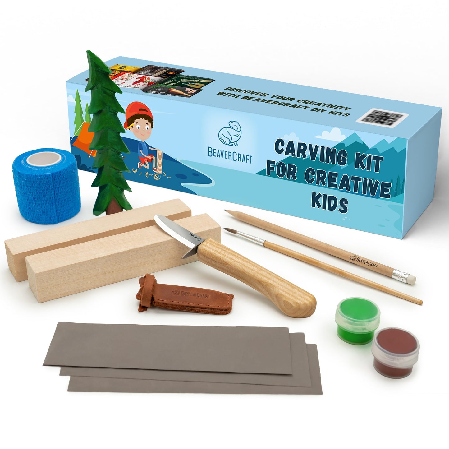 BeaverCraft Wood Carving Kit for Kids DIY 08 - Whittling Kit for Beginners - Hobby Kits for Boys – Whittling Set Includes Safety Wood Carving Knife for Kids, Basswood Blocks