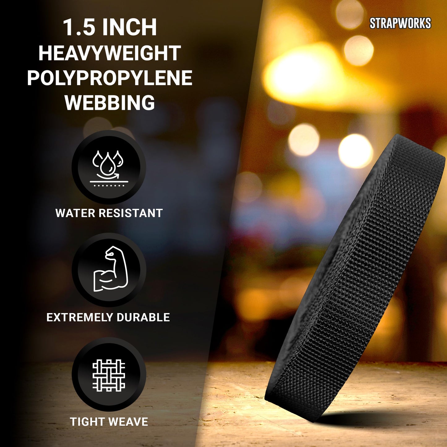 Strapworks Heavyweight Polypropylene Webbing - Heavy Duty Poly Strapping for Outdoor DIY Gear Repair, 1.5 Inch x 50 Yards, Black