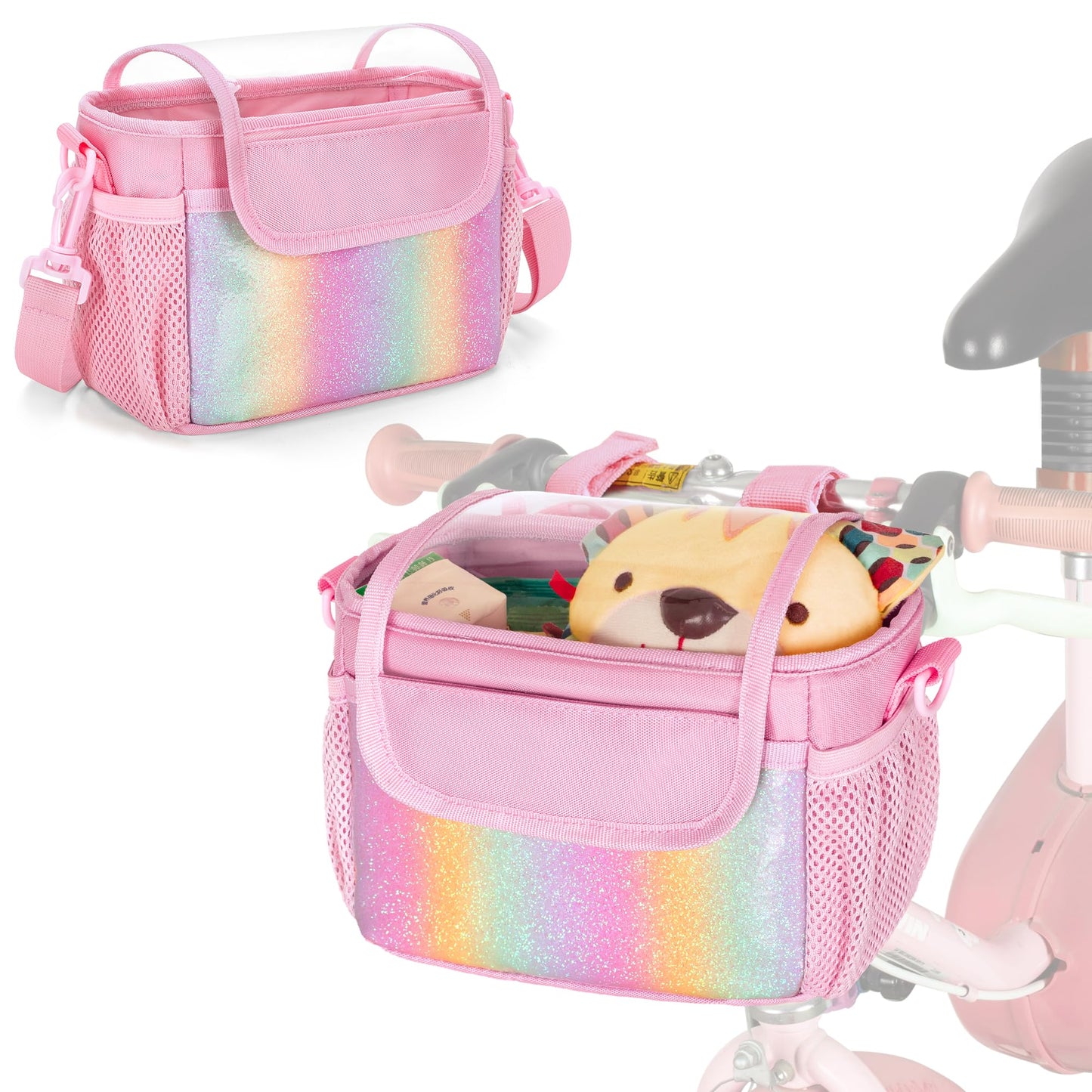 GRAOSO Kids Bike Basket, Bicycle Front Bag, Cute Bike Accessories for Girls Boys Fit Most of Handlebar, Tricycle, Scooter Bag with Detachable Shoulder Strap, Pink (Bag Only), Patented Design