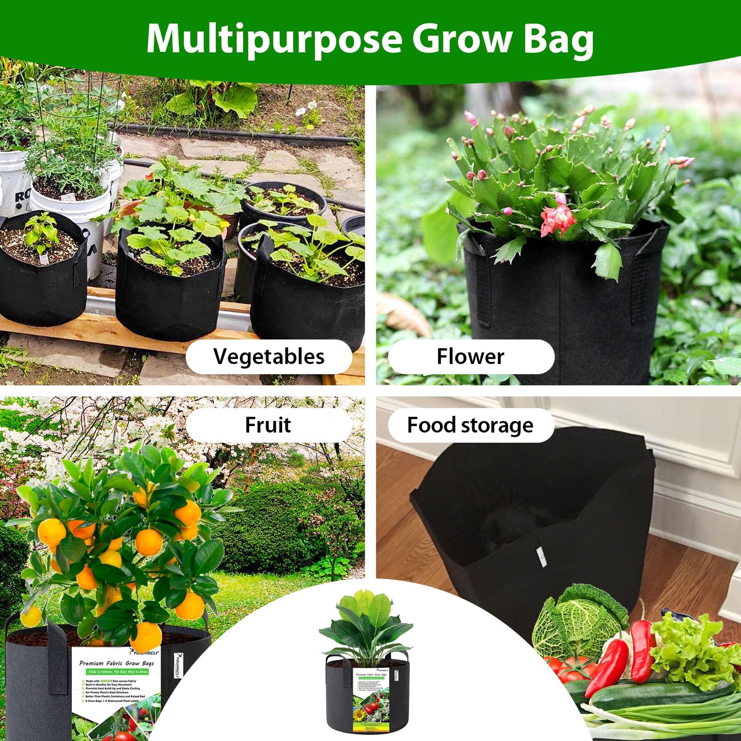 SYOURSELF 6 Pack Grow Bags 10 Gallon Fabric Pots,Thickened Nonwoven Grow Bag with Handles,Fabric Pots for Vegetable Flower Tomato Potato Garlic Indoor Outdoor Plants +6 Waterproof Garden Lables