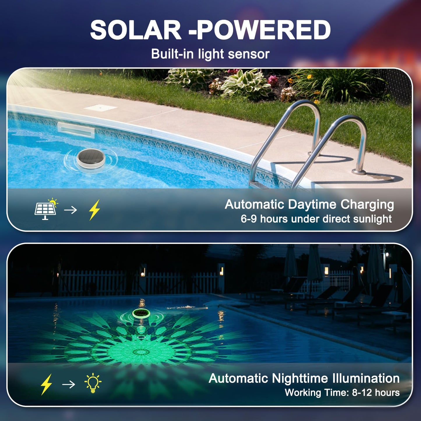 MATEPROX Solar Floating Pool Lights, Rechargeable RGB Pool Light with Remote Control, 9 Lighting 3 Mode, IPX7 Waterproof for Swimming Pool, Garden, Bathtub, Indoor Parties(2 PCS)