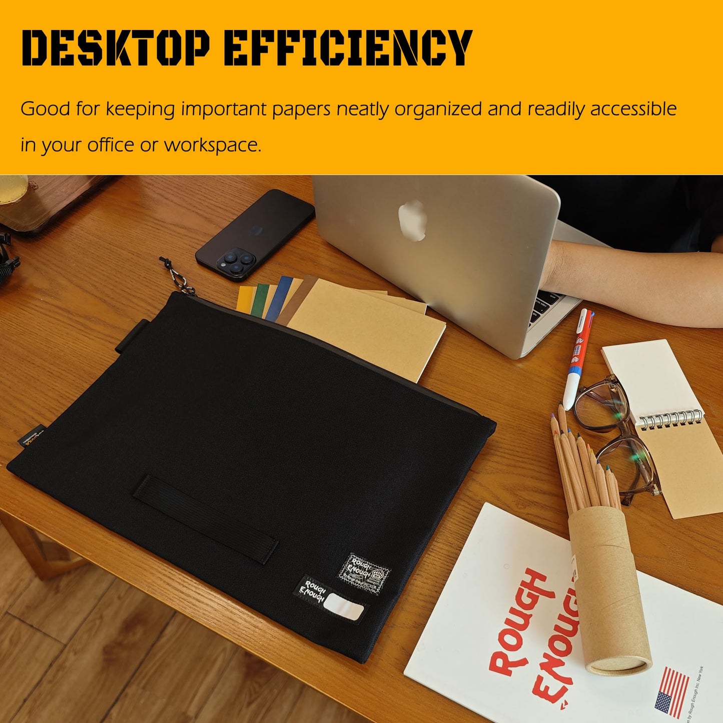 Rough Enough Big Document File Folder Organizer Holder Bag Pouch A4 Paper Letter Manila Size Case Large Carry Legal Notebook Storage for Filing with Zipper Handle Pen Loop Waterproof Black