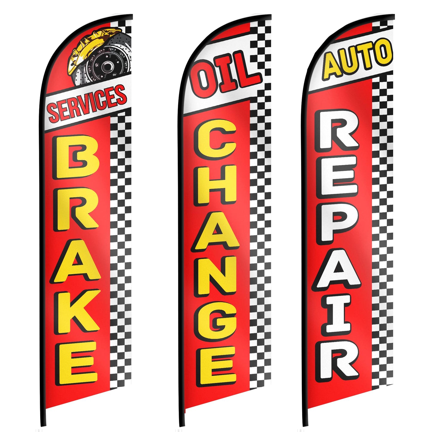 Auto Repair Feather Flag - Oil Change Feather Banner - Brake Services Swooper Flag - Set of Three Banner Flags for Business 12ft x 2.5ft (Pole not included)