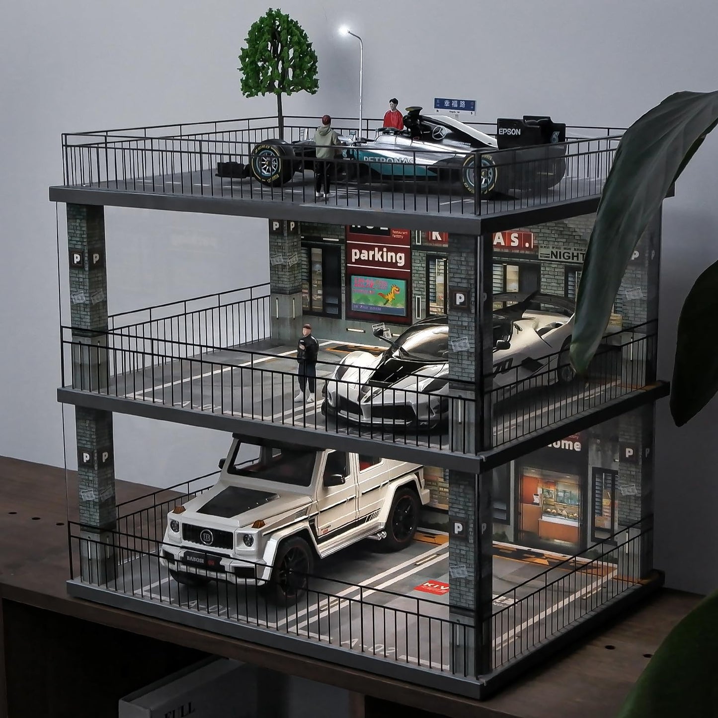 kivcmds 1:18 Scale Cars Display Case with USB Lights,Diecast Cars Diorama Garage Parking Collections Alloy Vehicle Model Car Wood Storage Shelf
