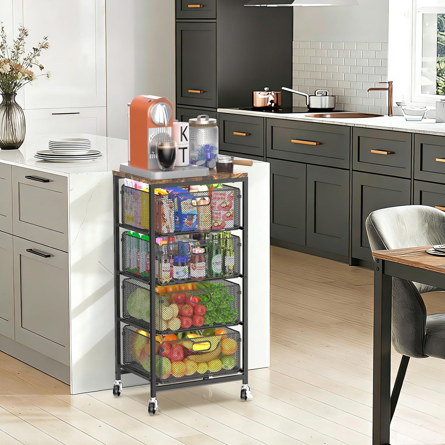 SUNALLY Rolling Storage Cart with Drawers, 4-Tier Utility Cart Snack Organizer with Lockable Wheels Metal Kitchen Storage Drawer Cart on Wheels with Wooden Top for Art Craft Bathroom Bedside, Black