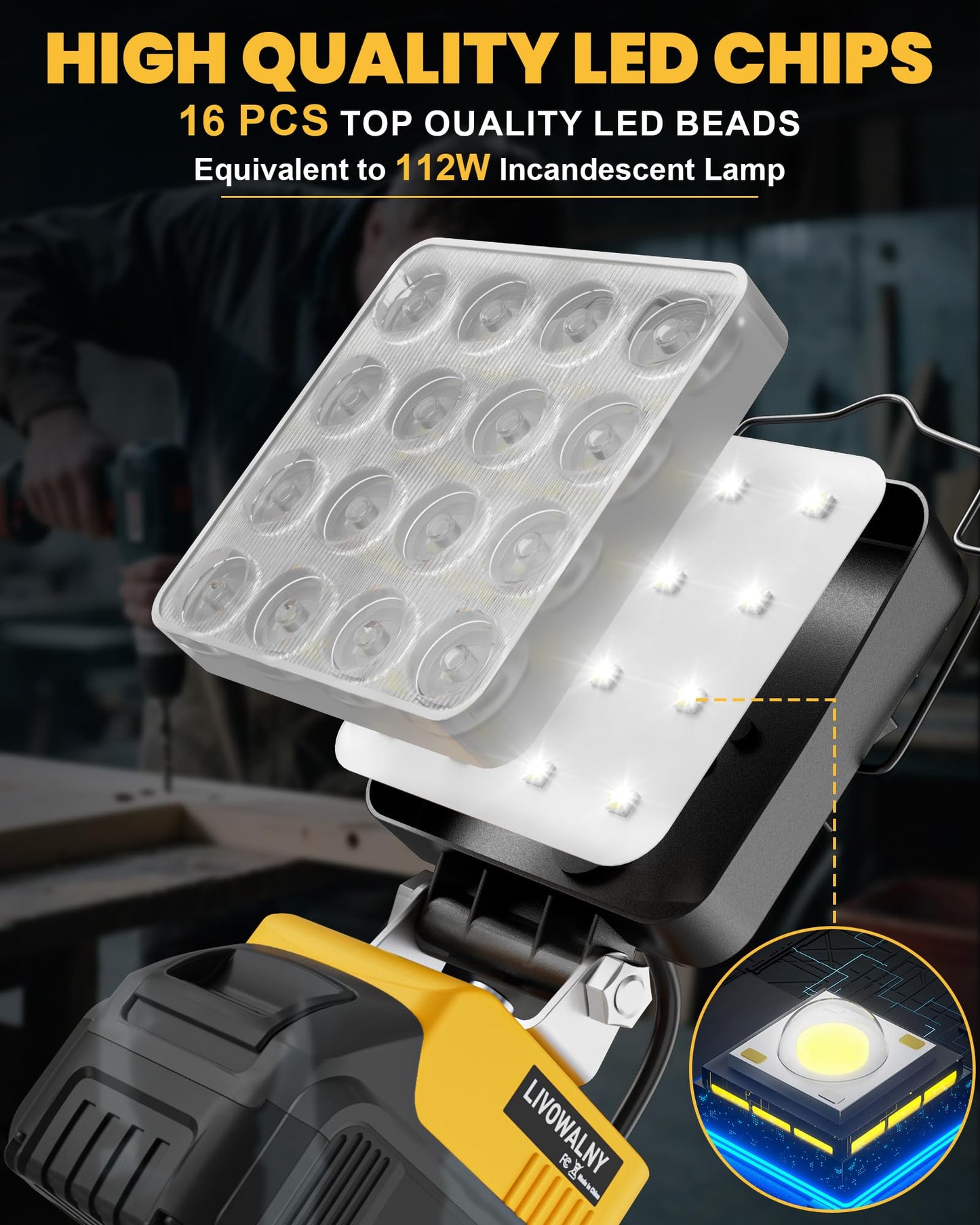 LIVOWALNY Cordless LED Work Light Compatible with Dewalt 20v Battery, 112W 11200LM Flashlight, Portable LED Flood Battery Light with USB A & USB C Charging Output Port for Emergency