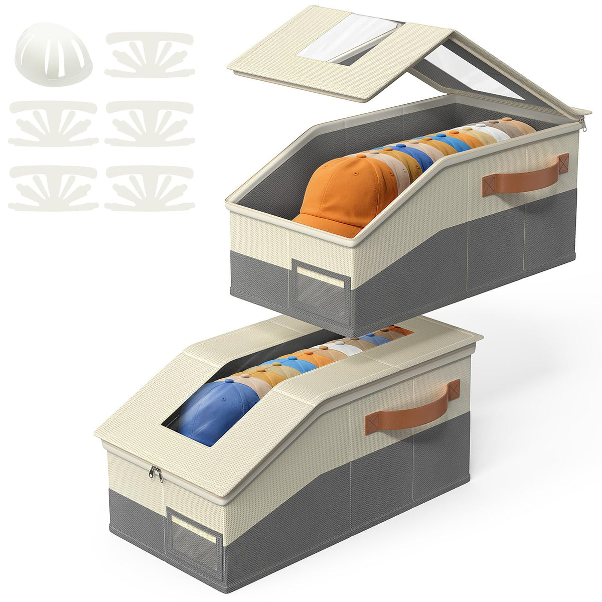 Lewonder 2 PCS Hat Organizer for Baseball Caps with 6 Paper Hats Shaper Insert, Stackable Hat Storage with Clear Lid, Holds up to 24 Caps Hat Box for Closet, Grey & Beige