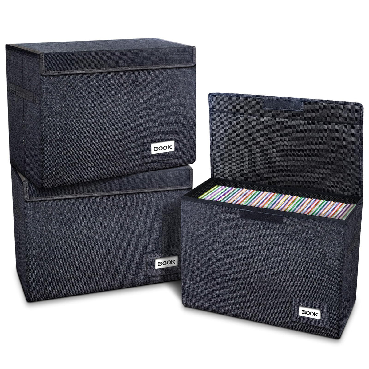 Leffis 3 Pack Book Storage Box - Collapsible and Stackable Short Box With Lid and Label Slot - 15.5" X 7.5" X 11.3" - Holds 150 Comics (Black)