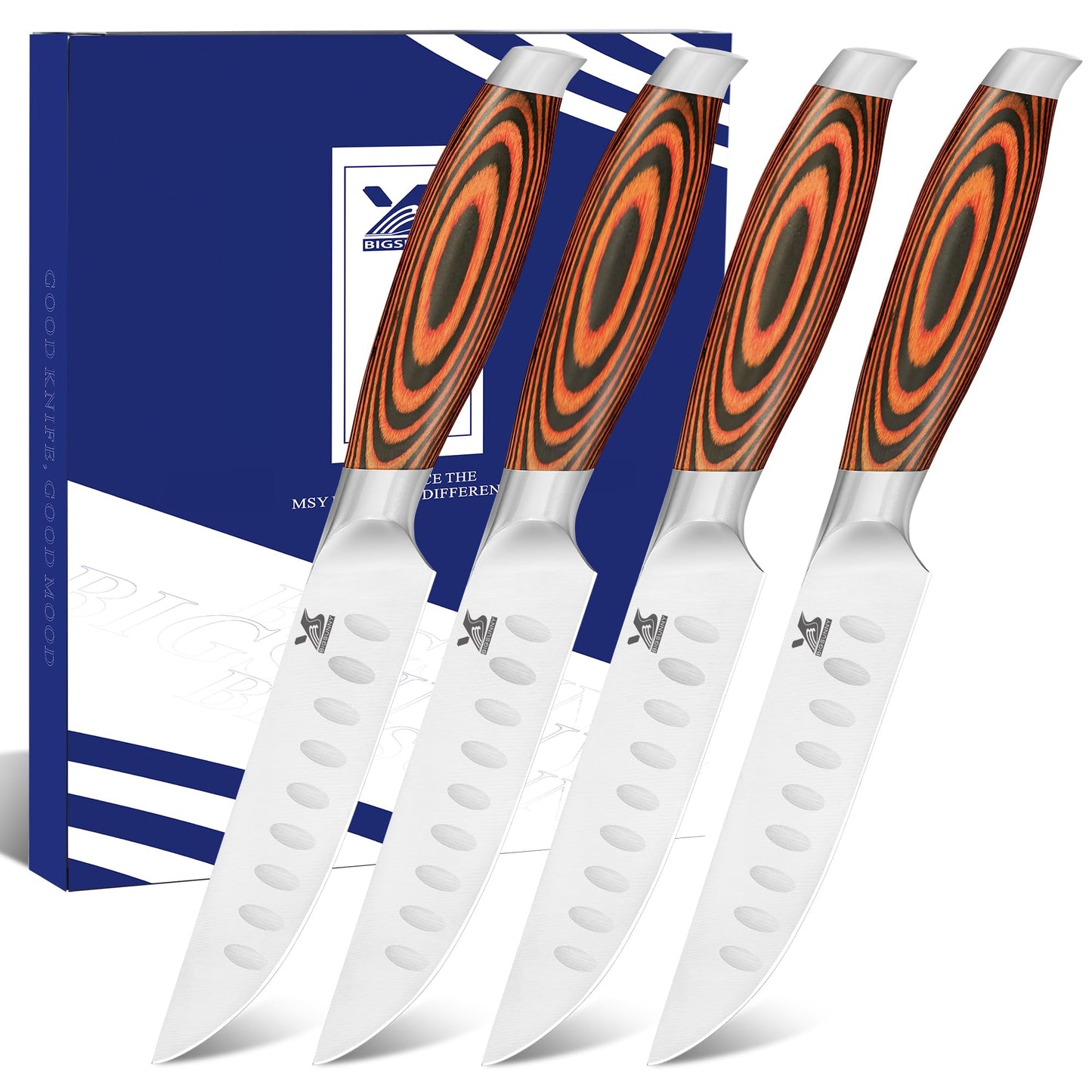 MSY BIGSUNNY Steak Knife Set, 4-Piece, German Steel 5-Inch Blade, Ergonomic Handle Steakhouse Knife Set