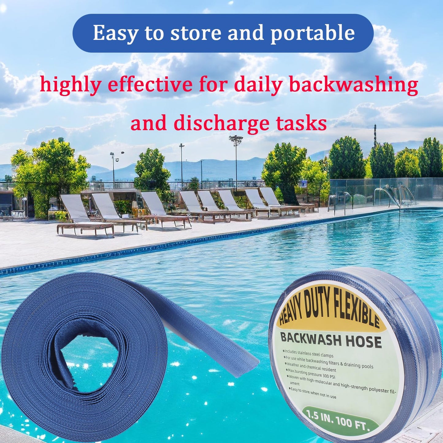 Pool Backwash Hose, Heavy-Duty PVC Hose, Lay Flat Discharge Hose,Flexible Sump Pump Drain Pipe for Swimming Pool Drain (1.5 in x 100 ft)