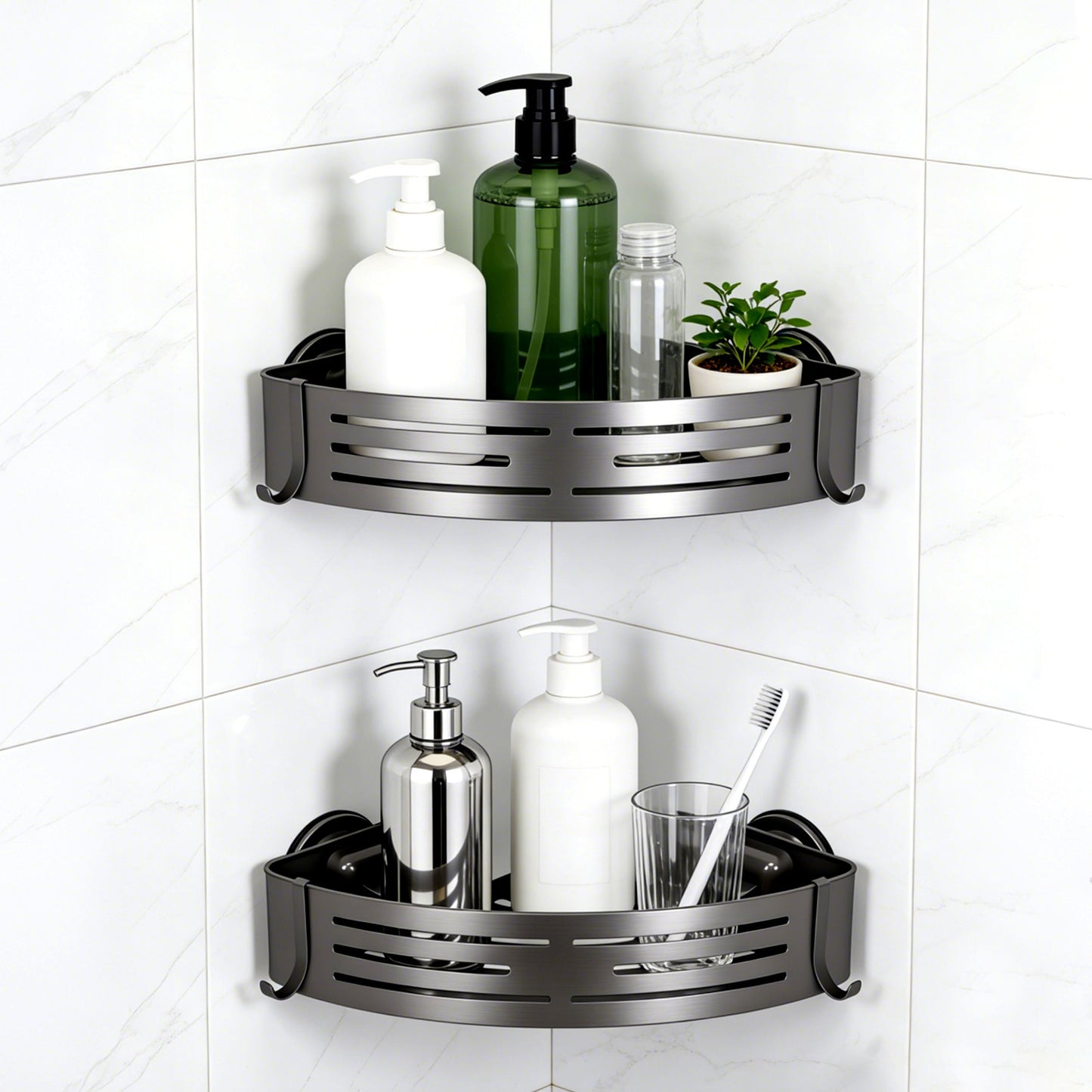 Veinvifiy 2 Tiers Corner Shower Caddy with Suction Cup 2 Pack Aluminum Upgraded Shower Organizer Removable Bathroom Storage Rack Kitchen Wall Mounted Grey