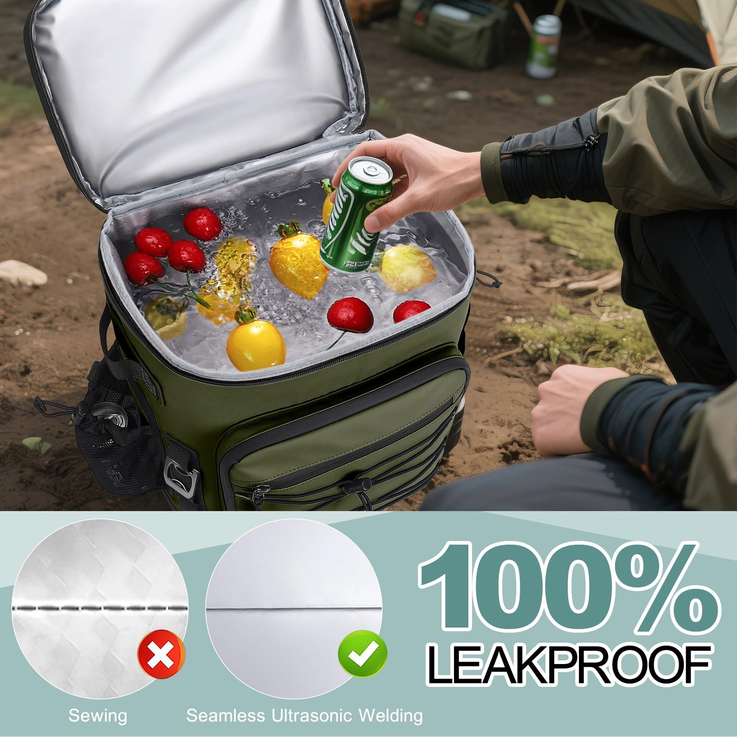 YOUNGOA Large 52cans Cooler Backpack, Insulated, Waterproof, Leak Proof, 30L Large Capacity (Green)