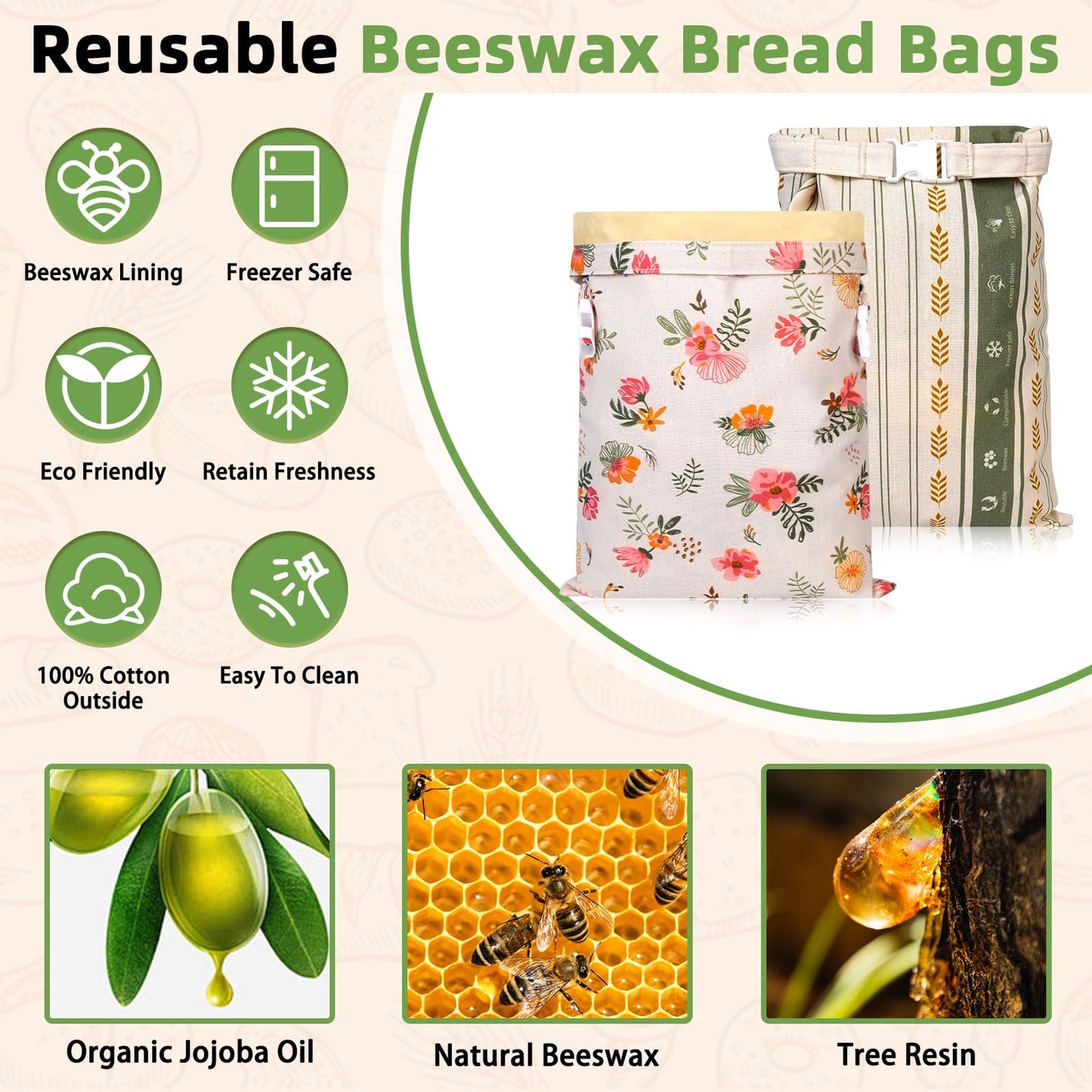Essovee 2 Pack Cotton Beeswax Bread Bags - Large Reusable Cotton Linen Food Storage Covers for Sourdough & Homemade Bread, Waxed Bags Keep Bread Fresh, Proofing Bag Freezer-Safe, Easy Clean