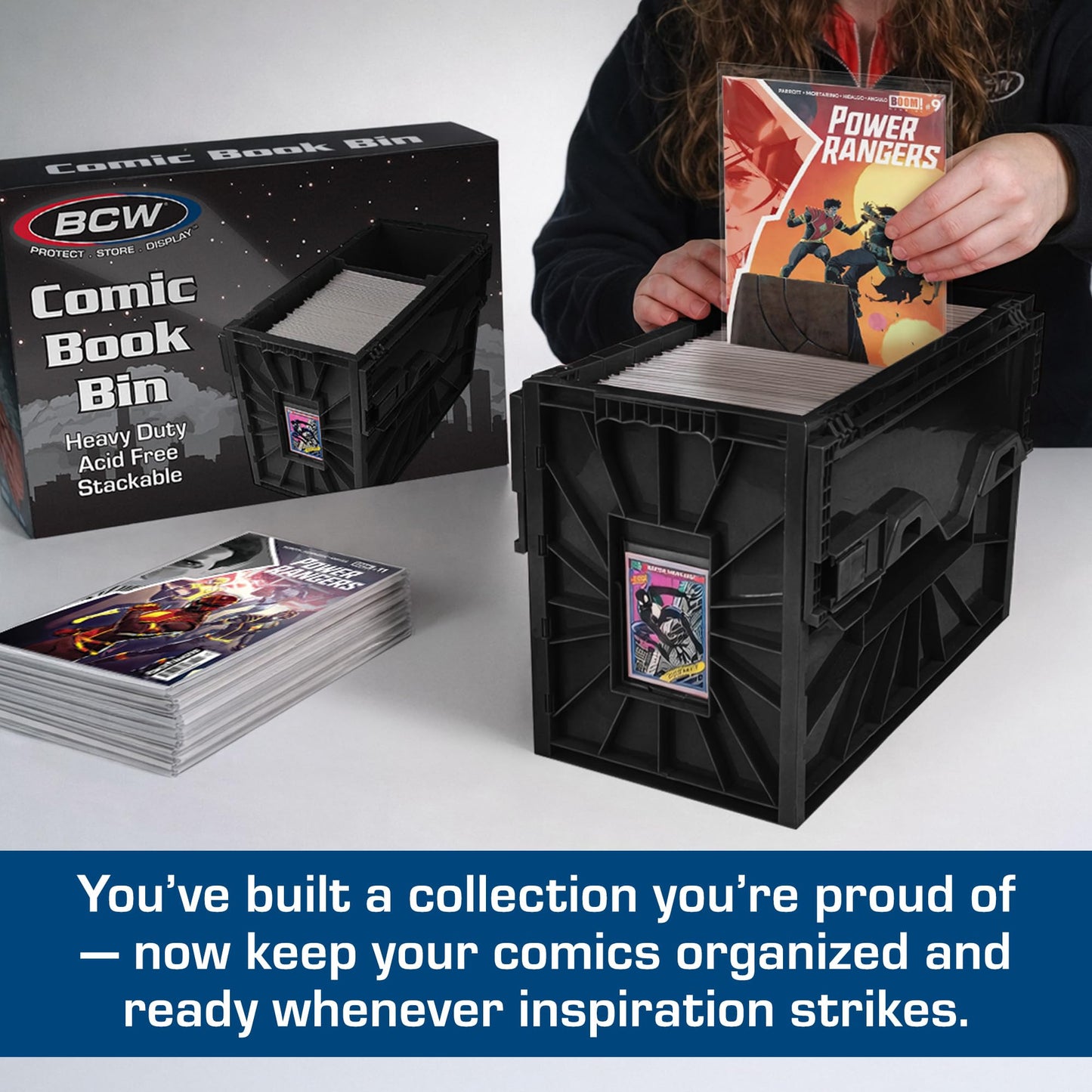 BCW Short Comic Book Bin – Black, 1 Pack | Holds 150 Comics | Acid-Free Heavy-Duty Plastic Storage Box with Partition | Stackable Organizer for Comic Collectors