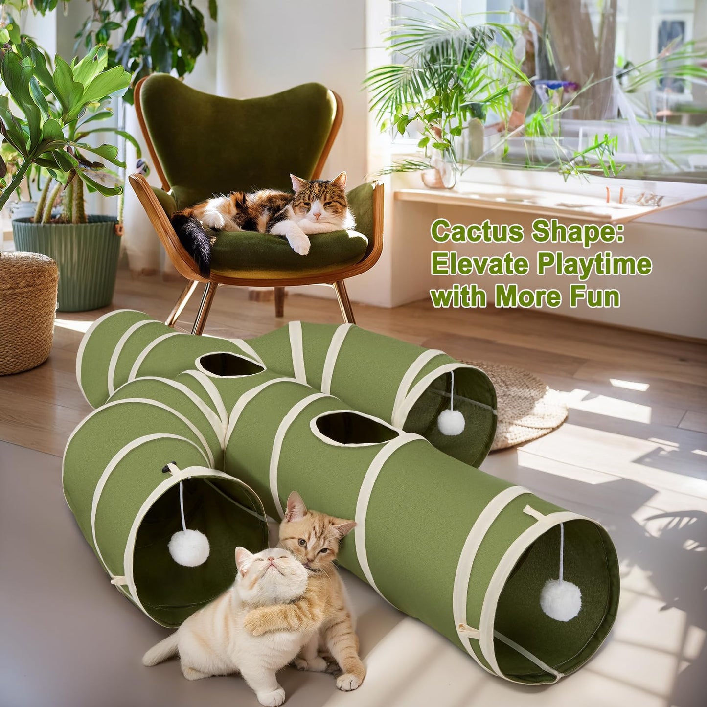 Ownpets Cat Tunnel, Larger Cactus Shape Pet Tunnel with Sturdy Oxford Fabric, Foldable and Resistant to Tearing, Featuring Multiple Exits, Hanging Ball and Teaser Wand,Grey, 11.8” Diameter