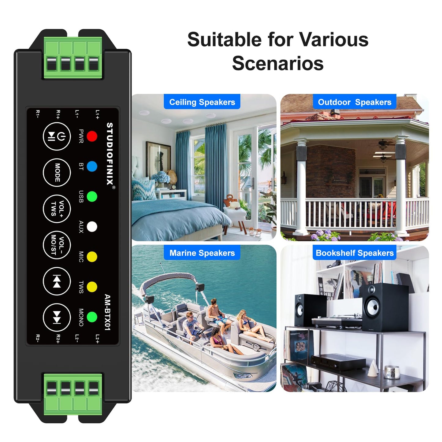STUODIOFINIX 4-Channel Mini Bluetooth Amplifier 120w for Passive Speakers with TWS,AUX,MIC,USB,Replacement Part,Suitable for Wall/Ceiling/Marine/Bookshelf Speakers