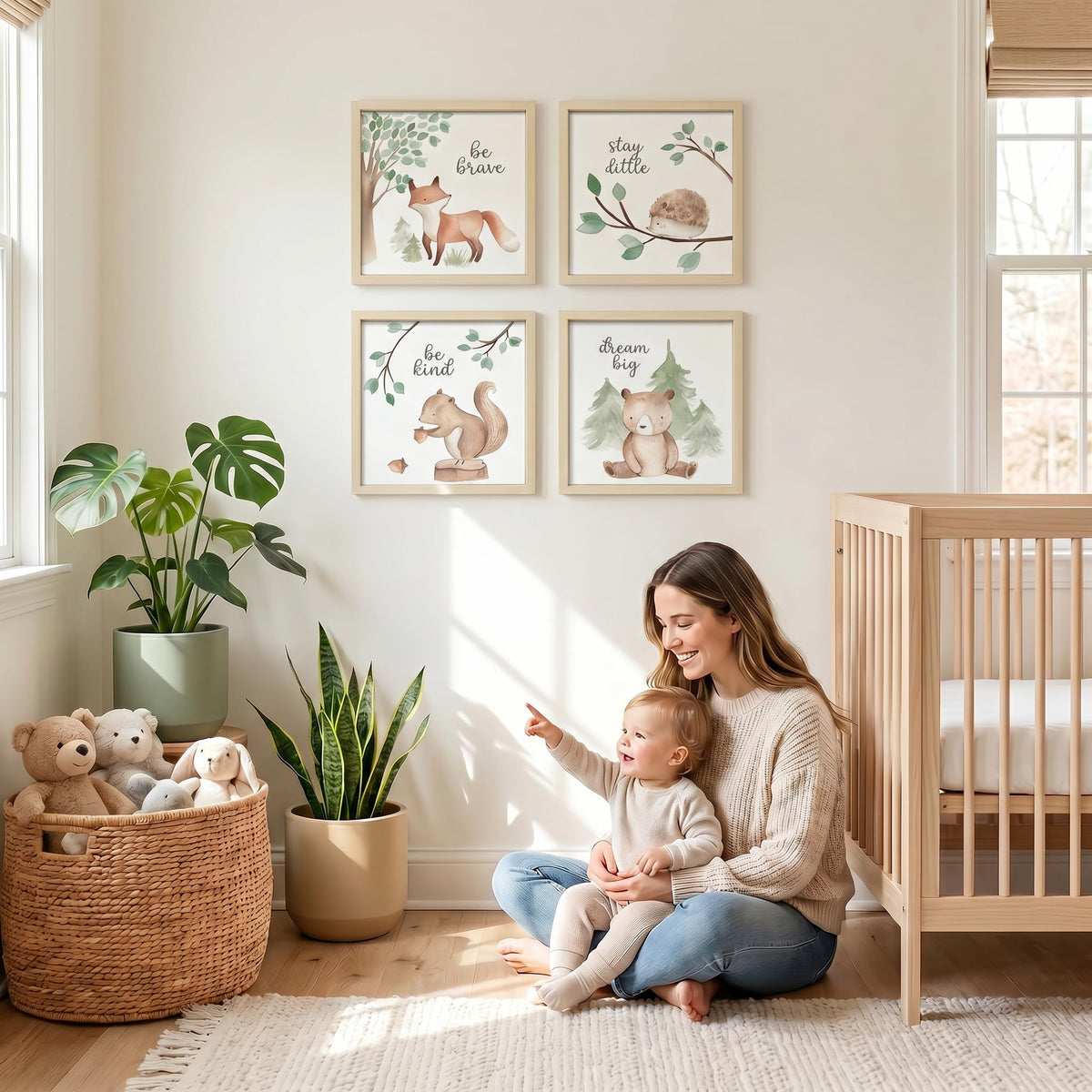 ArtbyHannah Framed Woodland Nursery Wall Decor, Safari Nursery Decor with Inspirational Quotes, Cute Animals Prints in 10x10 inch Wood Picture Frames with Acrylic Panel for Baby Room, Kids Playroom, Light-Wood Decoration（4 Pack, Fox, Owl, Squirrel, Bear)