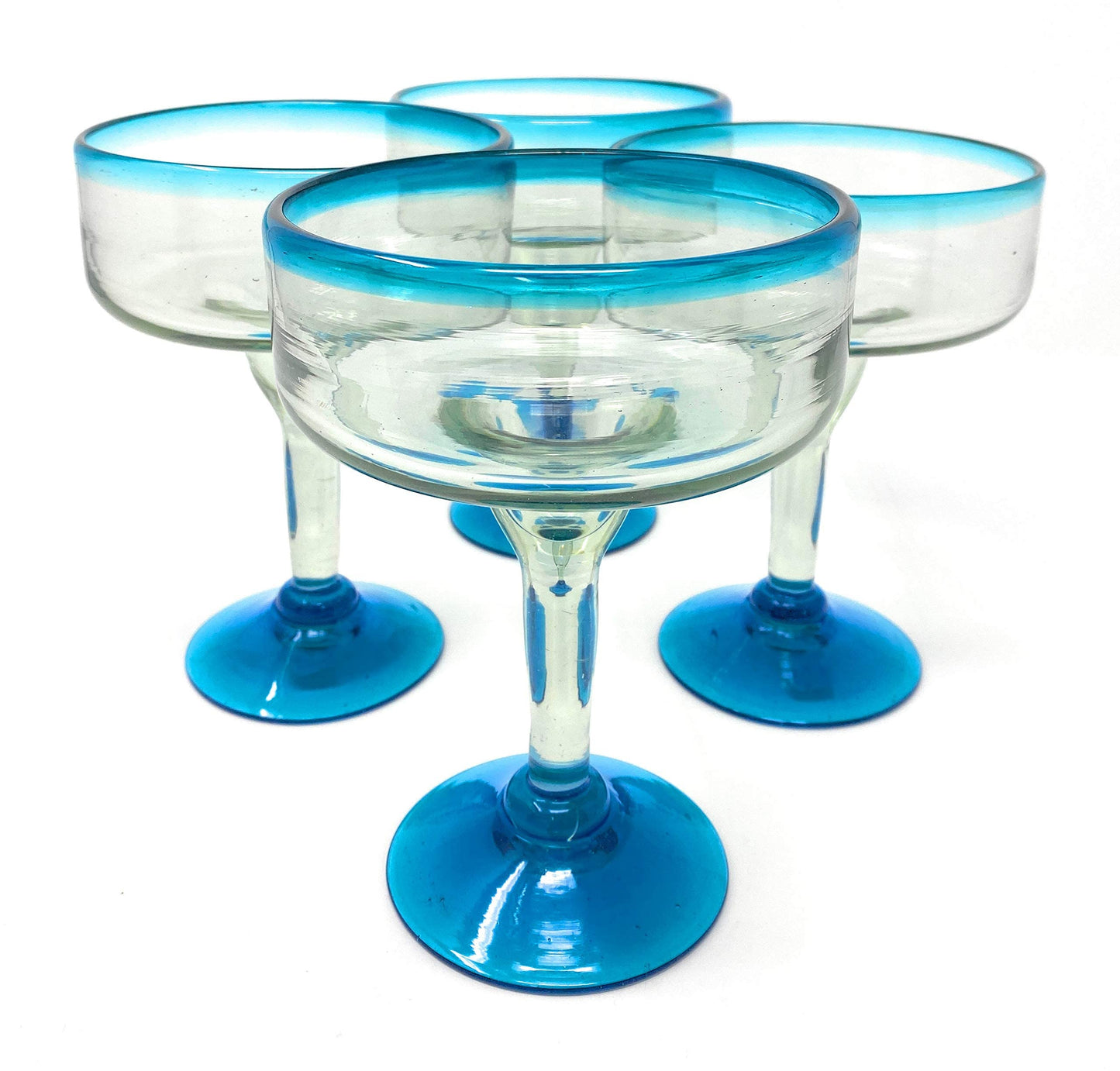 Dos Sueños Mexican Hand Blown Glass - Set of 4 Hand Blown Margarita Glasses (16 oz) with Aqua Blue Rims