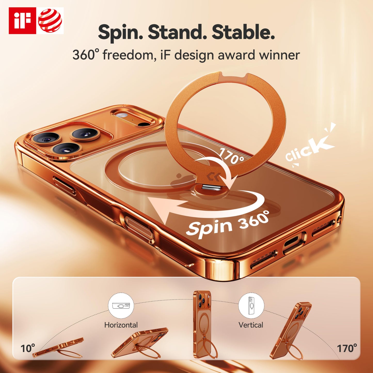 CASEKOO Cosmic Orange for iPhone 17 Pro Max Case with 360 Spin Magnetic Stand [Fit for MagSafe][17FT Military Protection] Slim Polished for iPhone 17 Pro Max Case with Stand 6.9'', Cosmic Orange