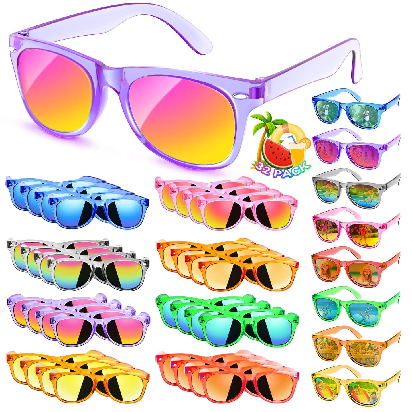 Rugort Kids Sunglasses 32 Bulk Party Favors, Toddler Boys Girls Age 3-8 Birthday Favor Summer Goodie Bags Stuffers, Neon Sunglass with UV 400 Protection for Students Valentines Easter Day Gifts