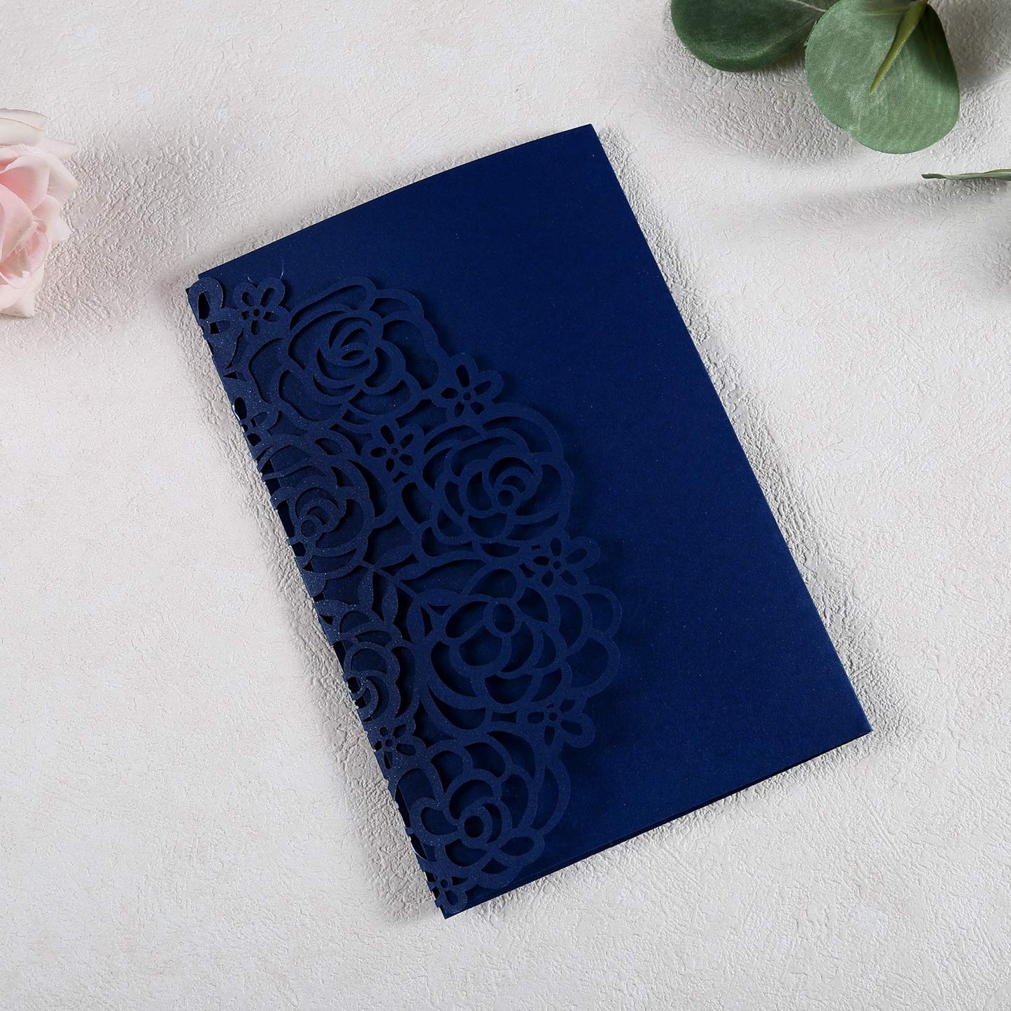 DreamBuilt 4.7 x7 inch 50PCS Blank Navy Blue Wedding Invitations Kit Laser Cut Hollow Rose Pocket Wedding Invitation Cards with Envelopes for Wedding Bridal Shower Engagement Invite