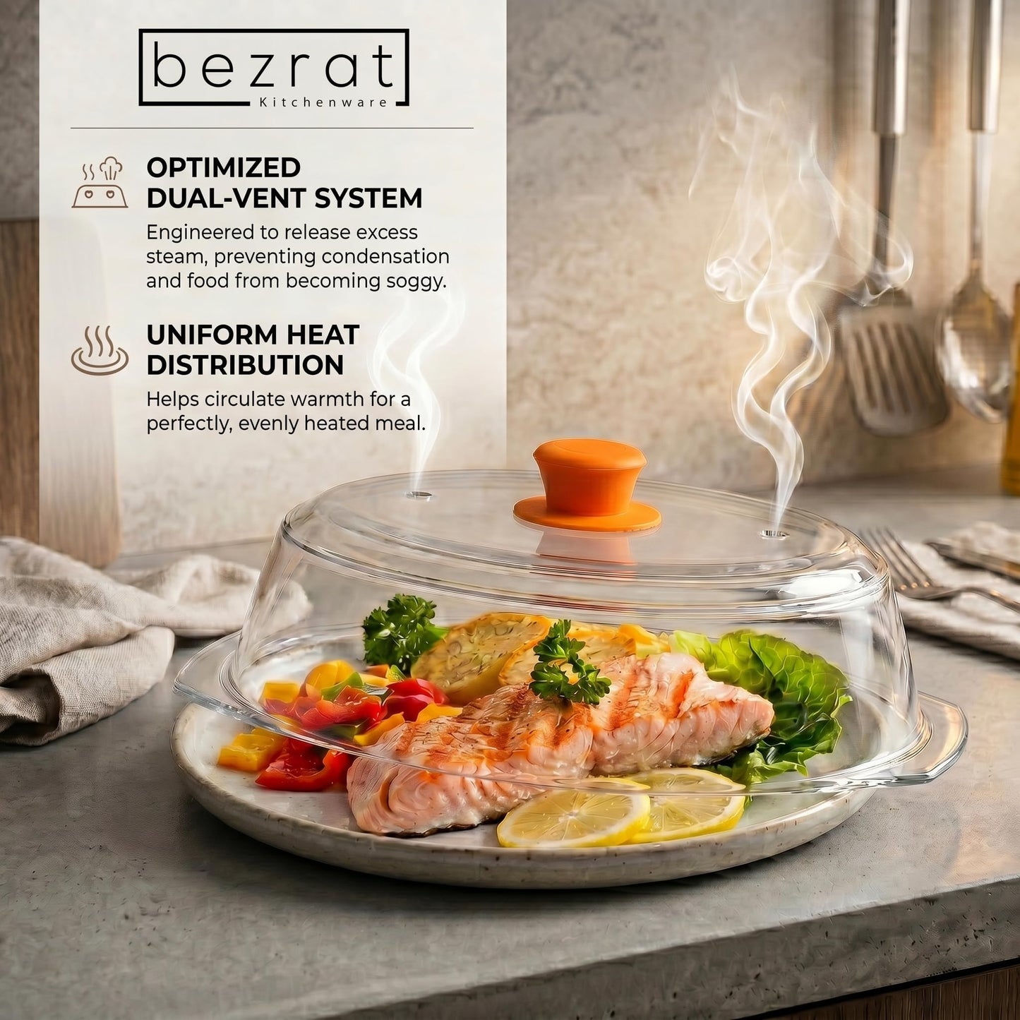 Bezrat Microwave Tall Glass Plate Cover For Food | Splatter Guard Lid with Easy Grip Silicone Handle Knob & Steam Vents | 100% Food Grade | BPA Free and Dishwasher Safe | Plates and Bowls 10 x 3 Inch