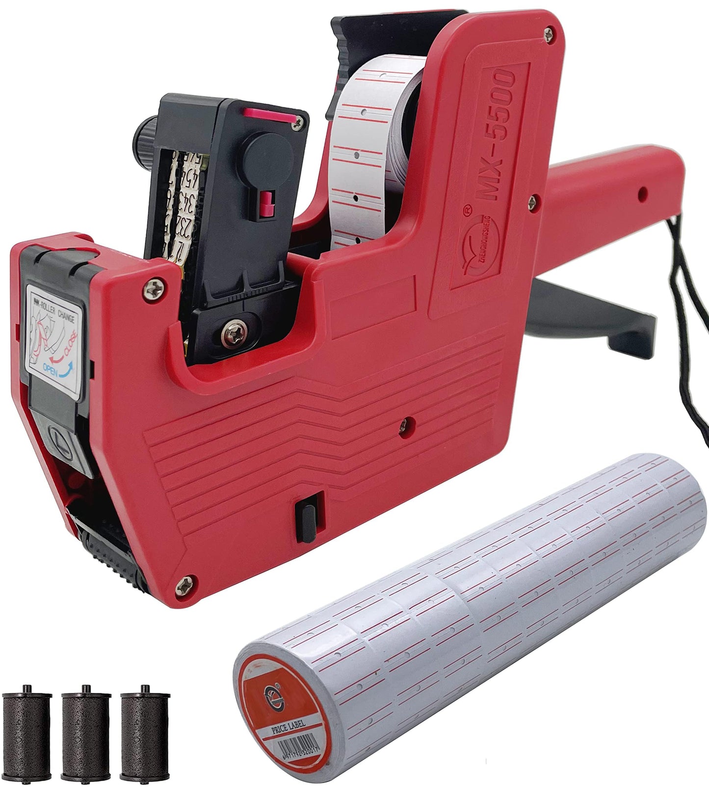 MX5500 Price Labeller - Price Label Gun with 8 Digits, Includes 10 Rolls of Paper and 3 Ink Wheels - Aluminum Alloy with Sticker Labels & Ink Refill for Office, Retail Shop, Grocery Store (Red)