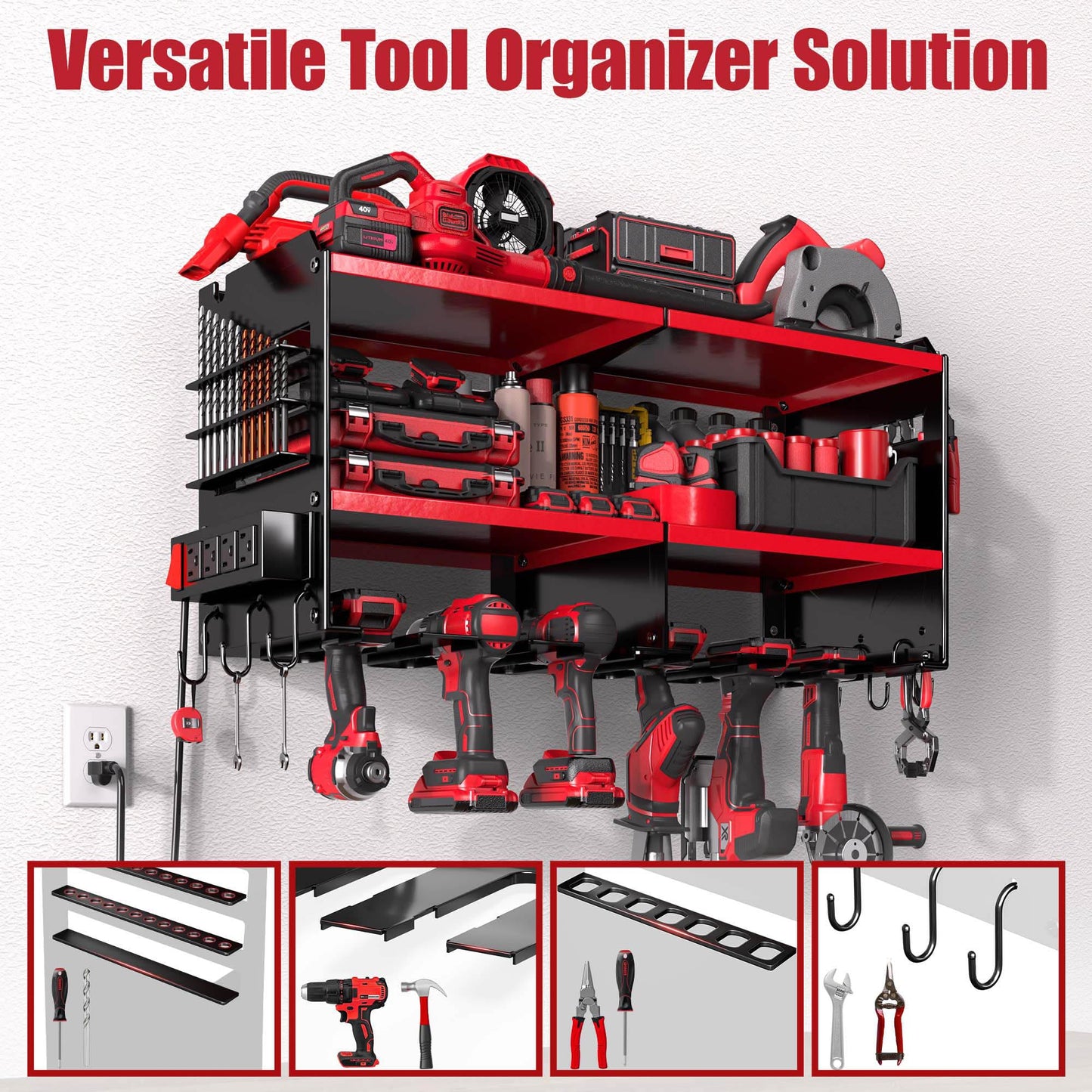 Spampur Power Tool Organizer Wall Mount with Charging Station – 420 lb Capacity 3-Tier Holds 6 Drills, Side Slots for Screwdrivers & Bits, for Garage Workshop, Gift for Men