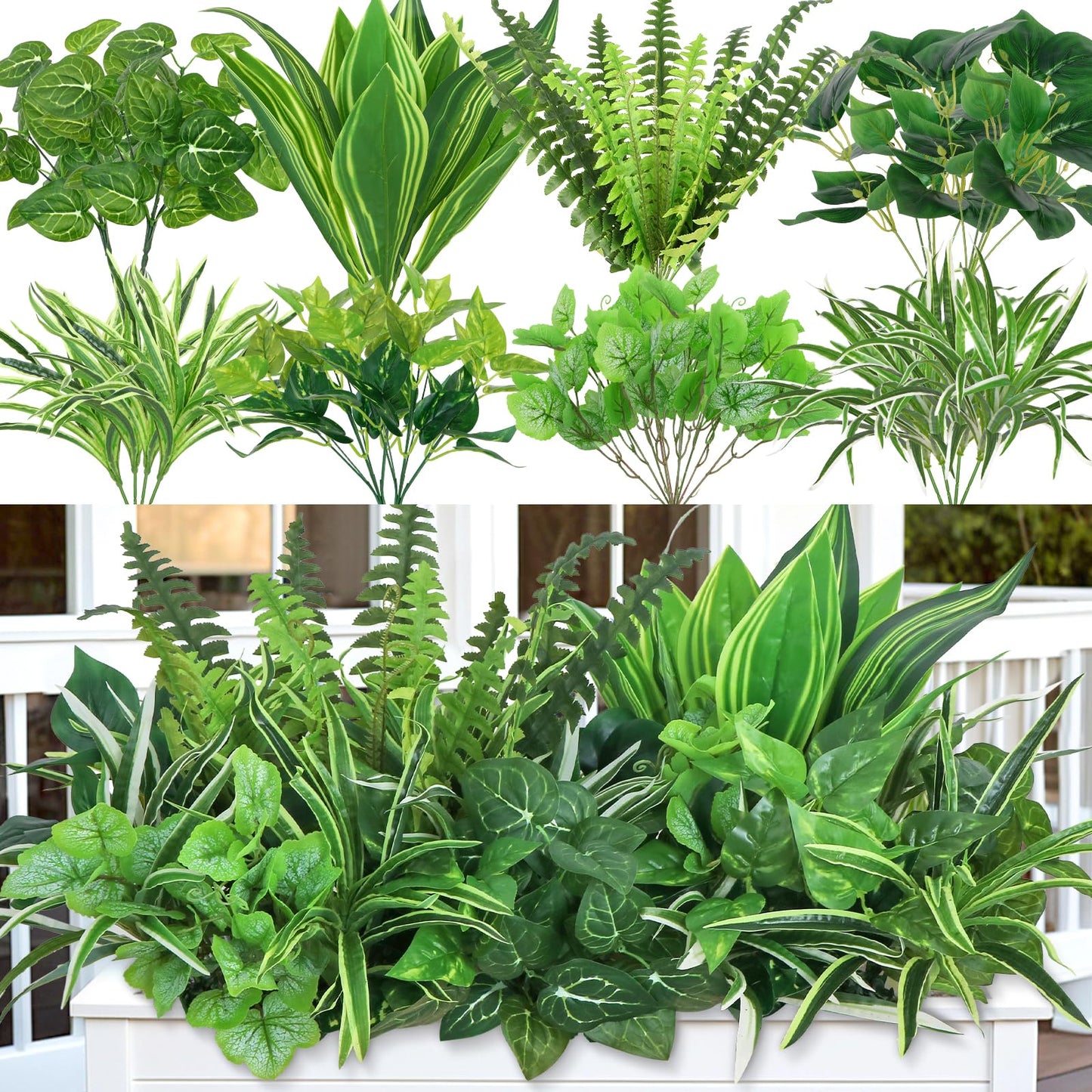 DEMIUKO 18PCS Artificial Plants Outdoor UV Resistant Artificial Greenery Stems Fake Ferns Shrubs Faux Plastic Plants for Planter Garden Patio Porch Window Box Home Decor (Greenery, 18PCS)