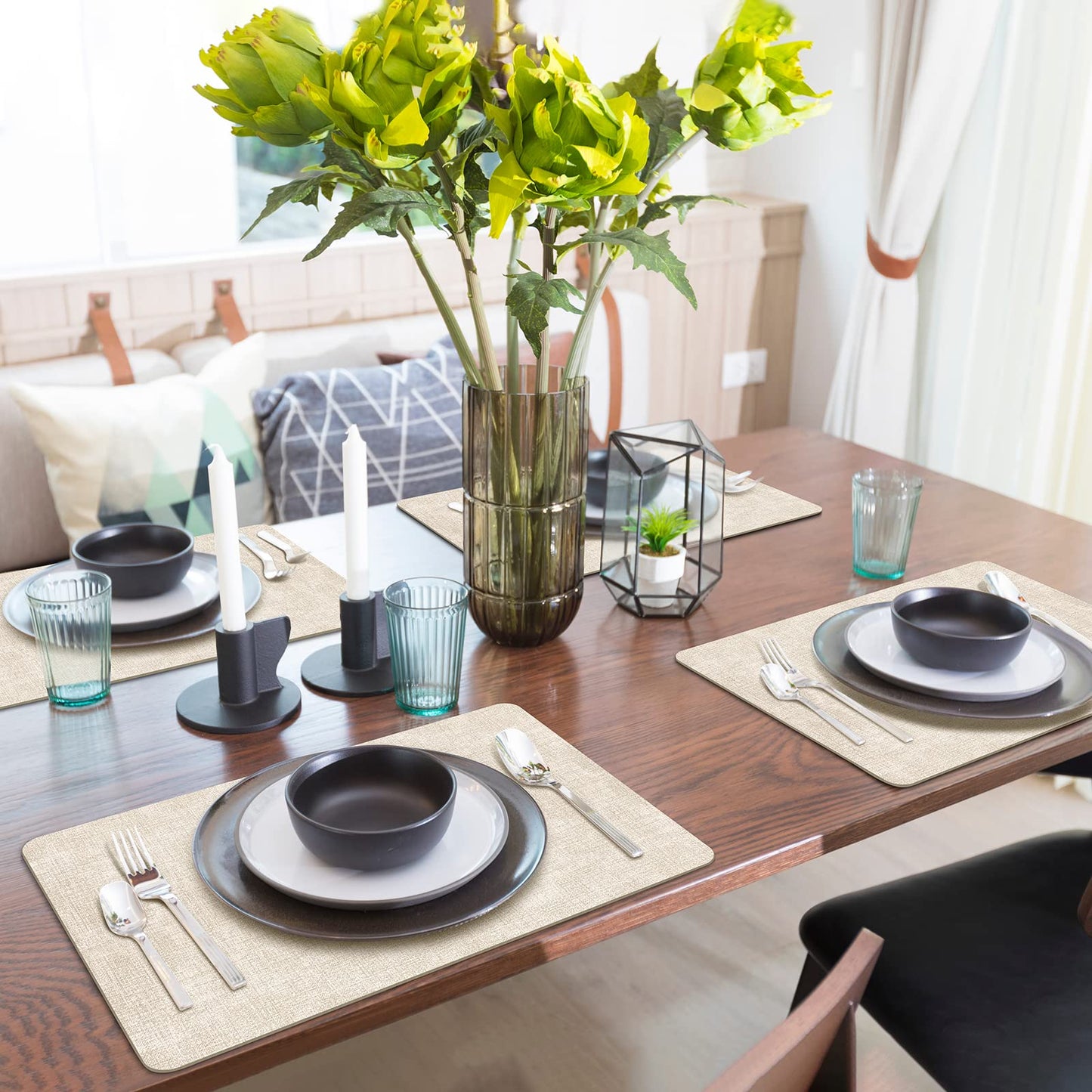 BIPASION Placemats, Faux Leather Heat Resistant Placemats for Dining Table Set of 8, Waterproof Wipeable Washable Place Mats, Easy to Clean Non-Slip Table Mats, Beige