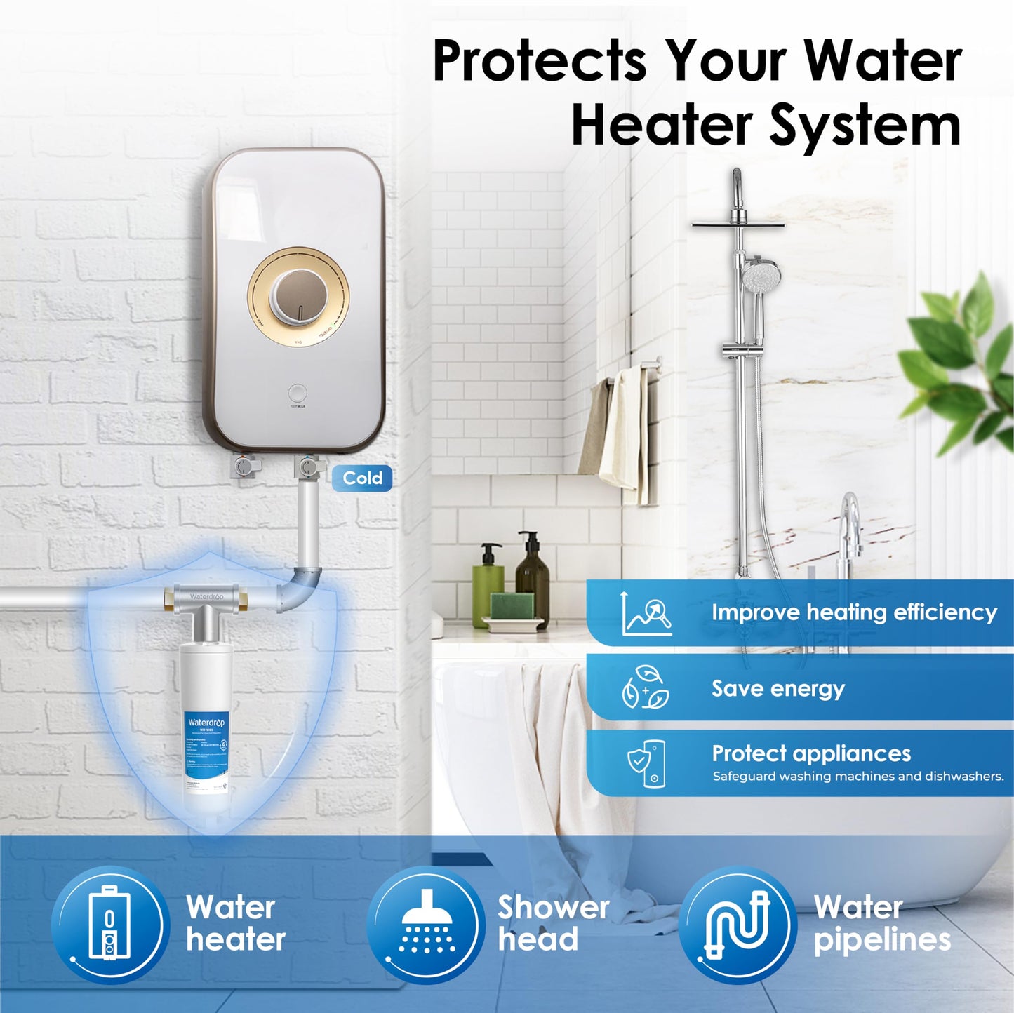 Waterdrop Whole House Scale Inhibitor Inline Water System, Replacement for Aqua-Pure AP430SS, Prevent Scale Build Up On Hot Water Heaters and Boilers, 304 Stainless Steel