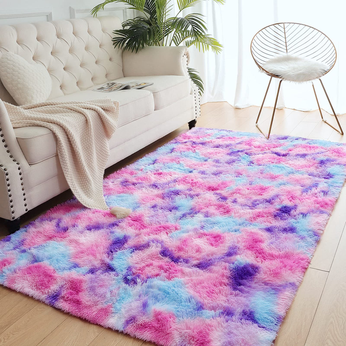 AROGAN Soft Rainbow Area Rugs for Girls Room 5x8 Feet, Fluffy Girls Bedroom Rugs, Princess Rug, Cute Colorful Carpet for Kids Teens Nursery Toddler (Hot Pink)