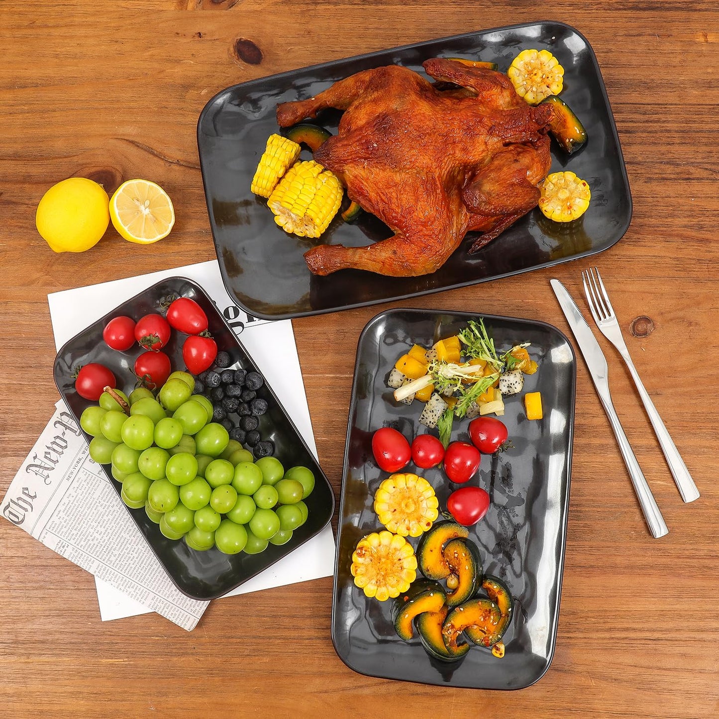 vicrays Ceramic Rectangle Serving Platters - 14" 12" 10" Porcelain Serving Trays Plates for Party BBQ Appetizers Sushi Dessert - Microwave Oven and Dishwasher Safe - Set of 3 Bright Black