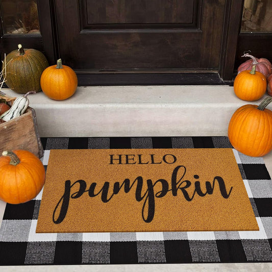 2 Pcs Fall Door Mat Combo Set Imitation Coir Welcome Mat, 43" x 28" Buffalo Plaid Rug Outdoor for Fall Halloween Thanksgiving Rustic Farmhouse Indoor Autumn Mats Hello Pumpkin (Black and White Plaid)