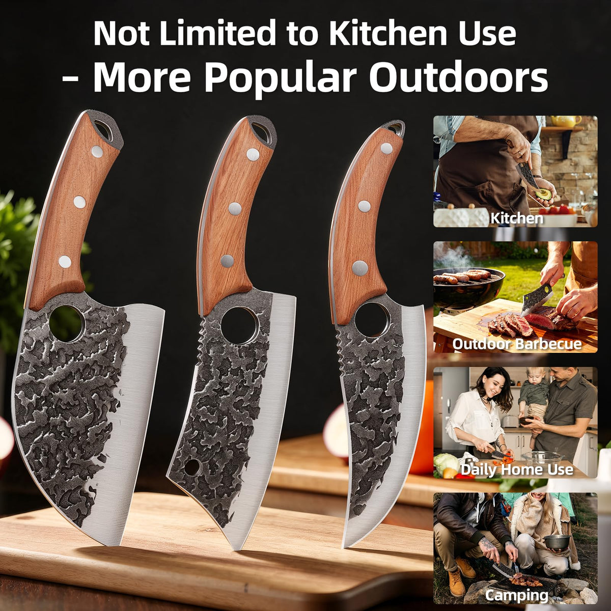 3-Piece Kitchen Knife Set – Serbian Chef's Knife,Cleaver Knife, Boning Knife, 3Pcs High Carbon Steel Hand Forged Knife Set with Ergonomic Handles for Kitchen Outdoor Cooking, Birthday Gifts for Men