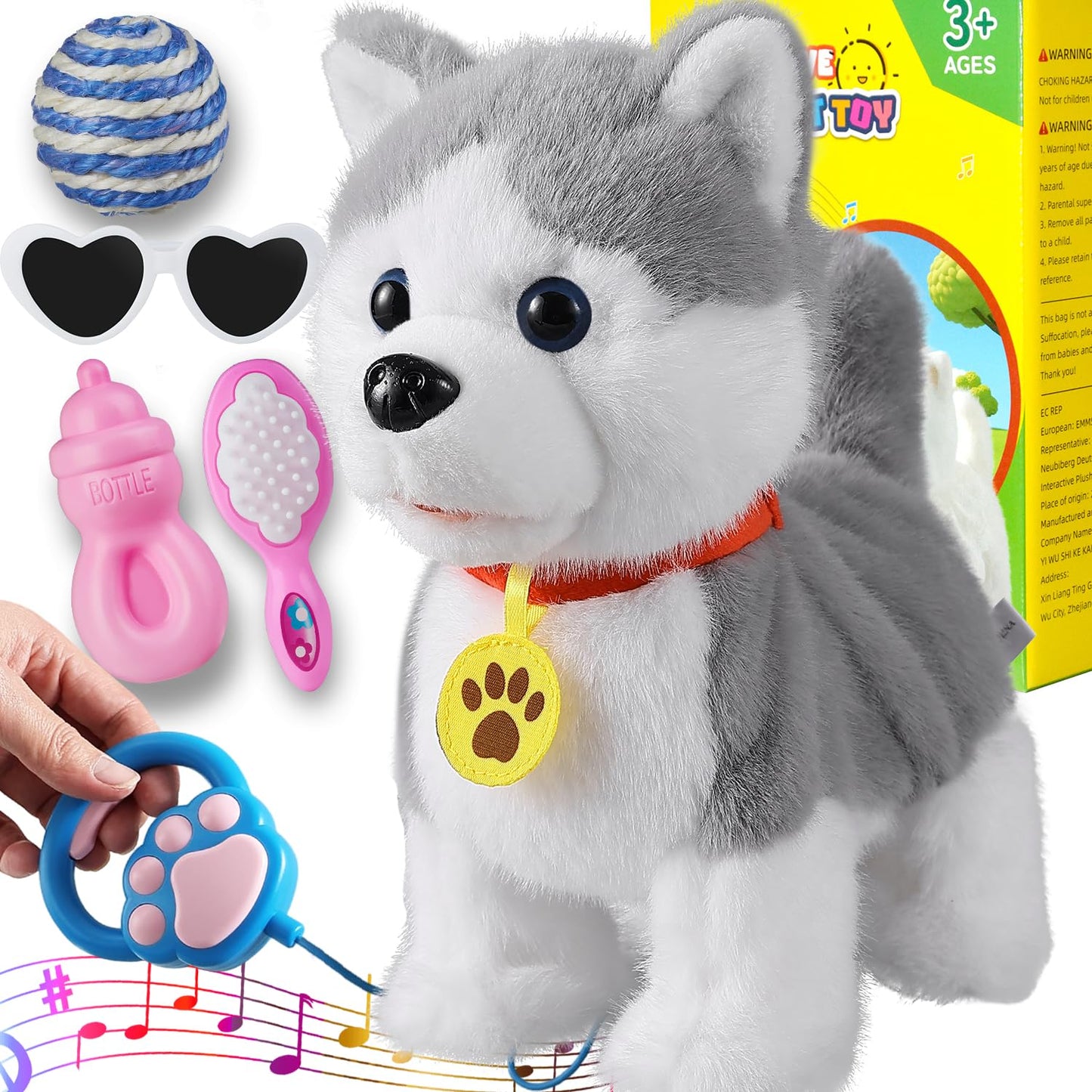 Walking Barking Singing Husky Puppy Toy, Repeats What You Say, Realistic Licking Tongue Wagging Tail Mechanical Dog with Electronic Touch or Voice Control, Interactive Music Dancing Plush Pet for Kids