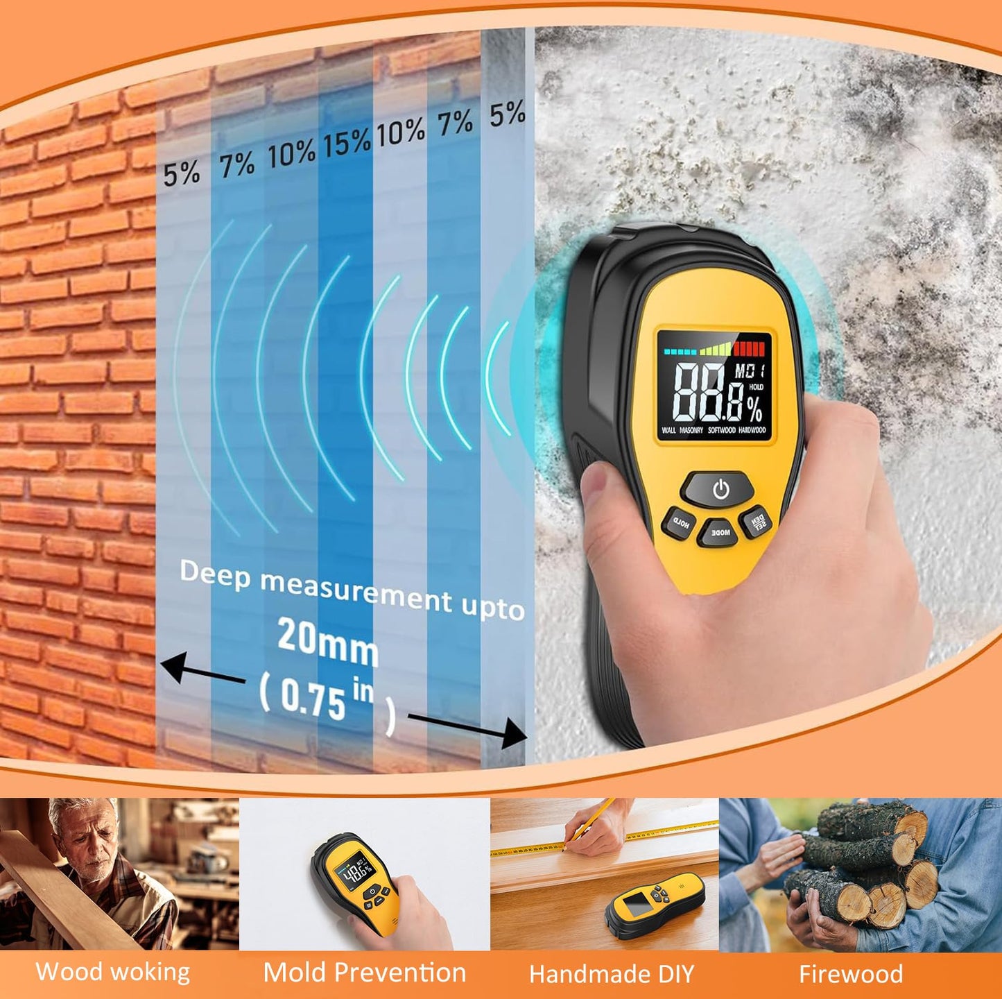 Pinless Moisture Meter - Povlen Wood Moisture Meter Digital Humidity Detector for Lumber Drywall Firewood Masonry Woodworking Plaster Flooring Concrete Construction with LCD Display Sound Alarm