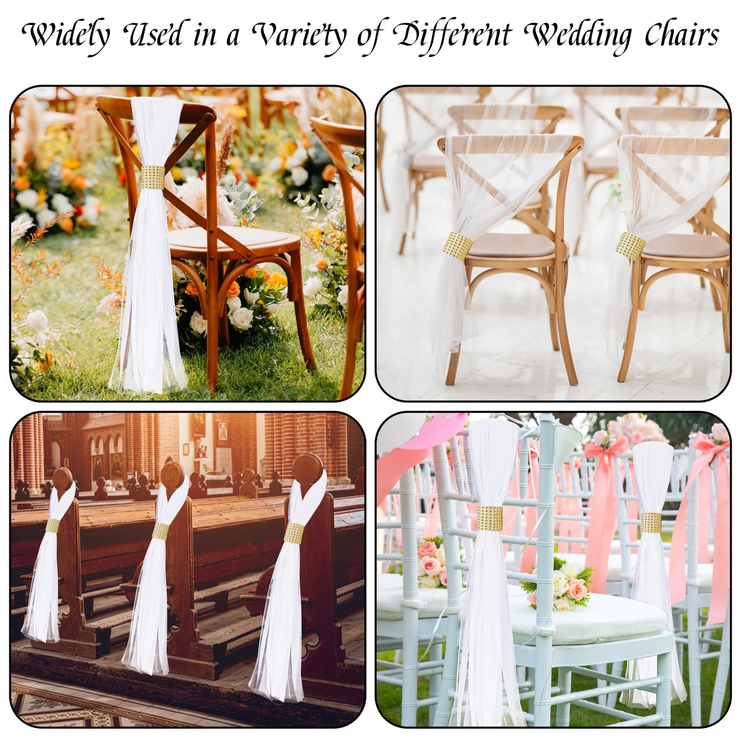 Large Extended White Pew Bows for Wedding Aisle and Church Decorations - Tulle Chair Decor, Flowers Runner for Ceremony Outside (26, Gold Wrap)