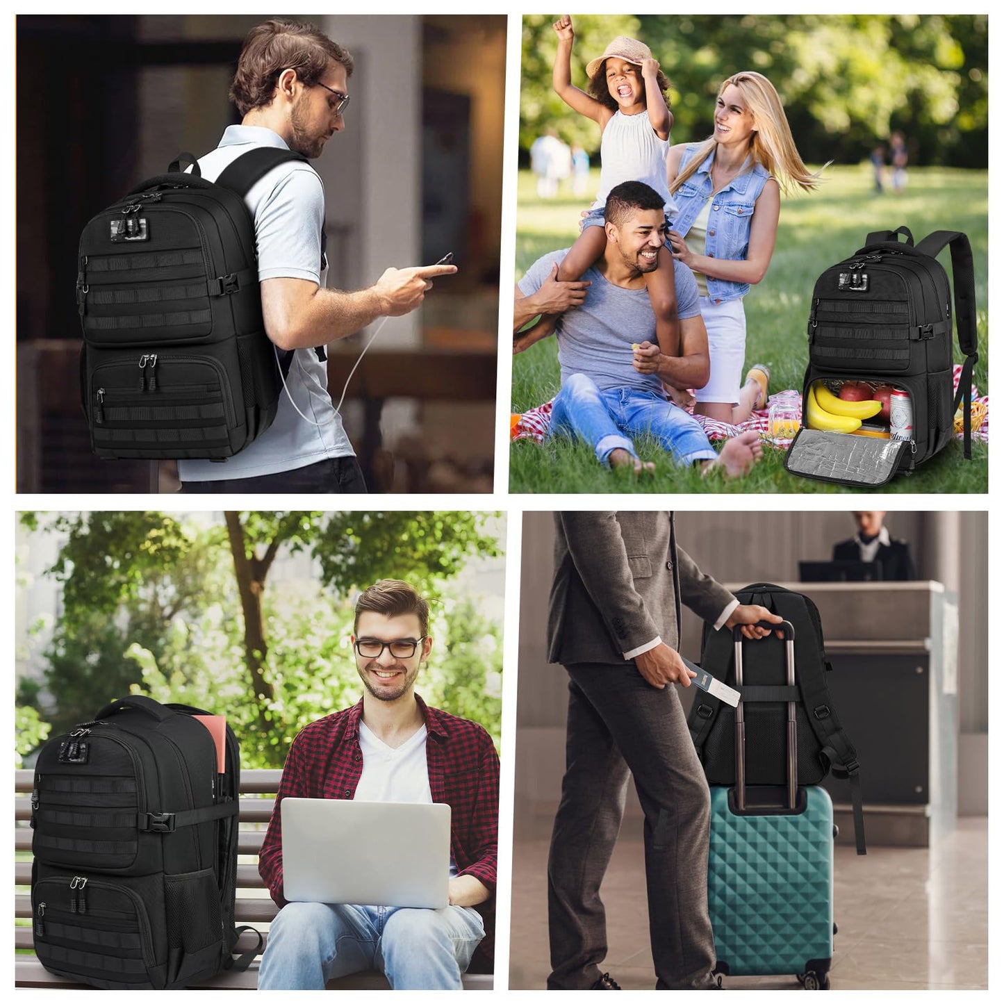 Lunch Backpack for Men & Women 17.3 Inch Laptop Backpack with USB Charging Port Waterproof Tactical Work Backpack with Insulated Lunch Bag for Travel, College, Business with MOLLE Design, Black