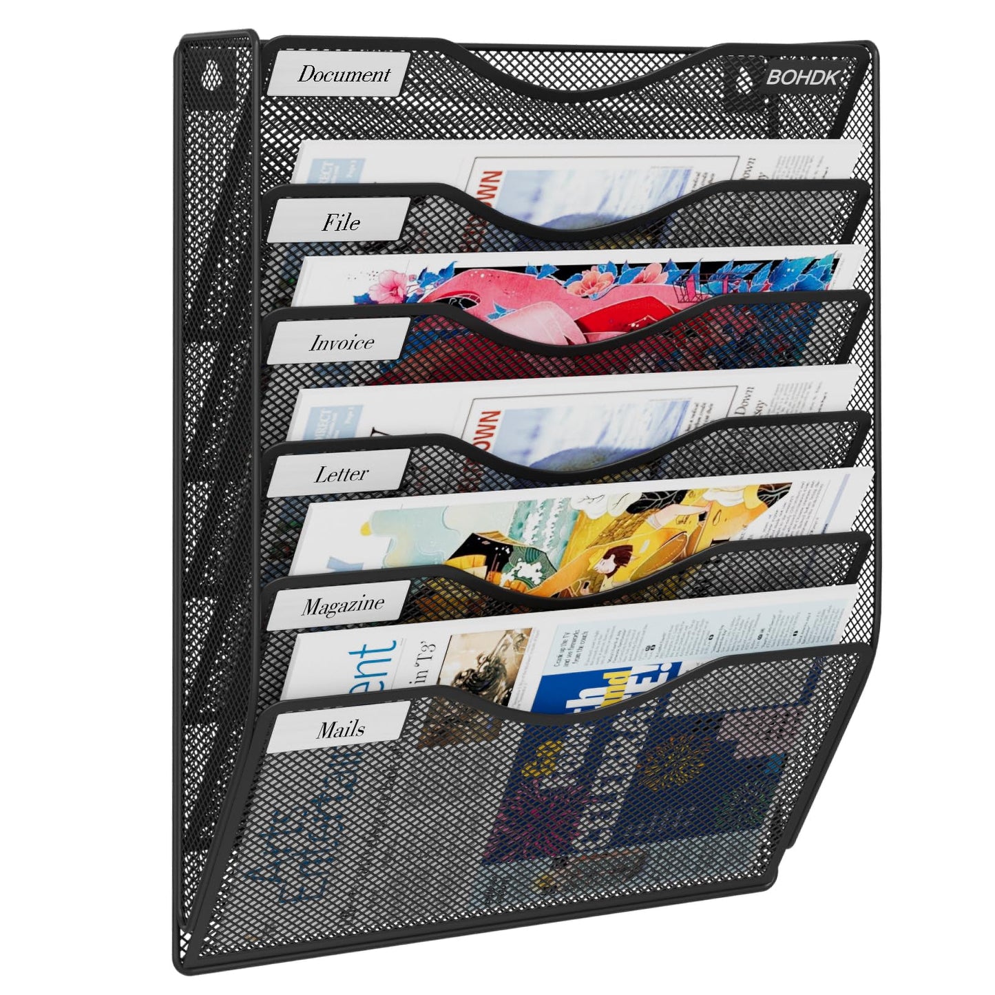 BOHDK Wall File Organizer, 6 Tier Hanging File Folder Mail Organizer, Vertical Mesh Metal Wall Mount Hanging File Holder, Paper Document Magazine Rack for Home Office Black