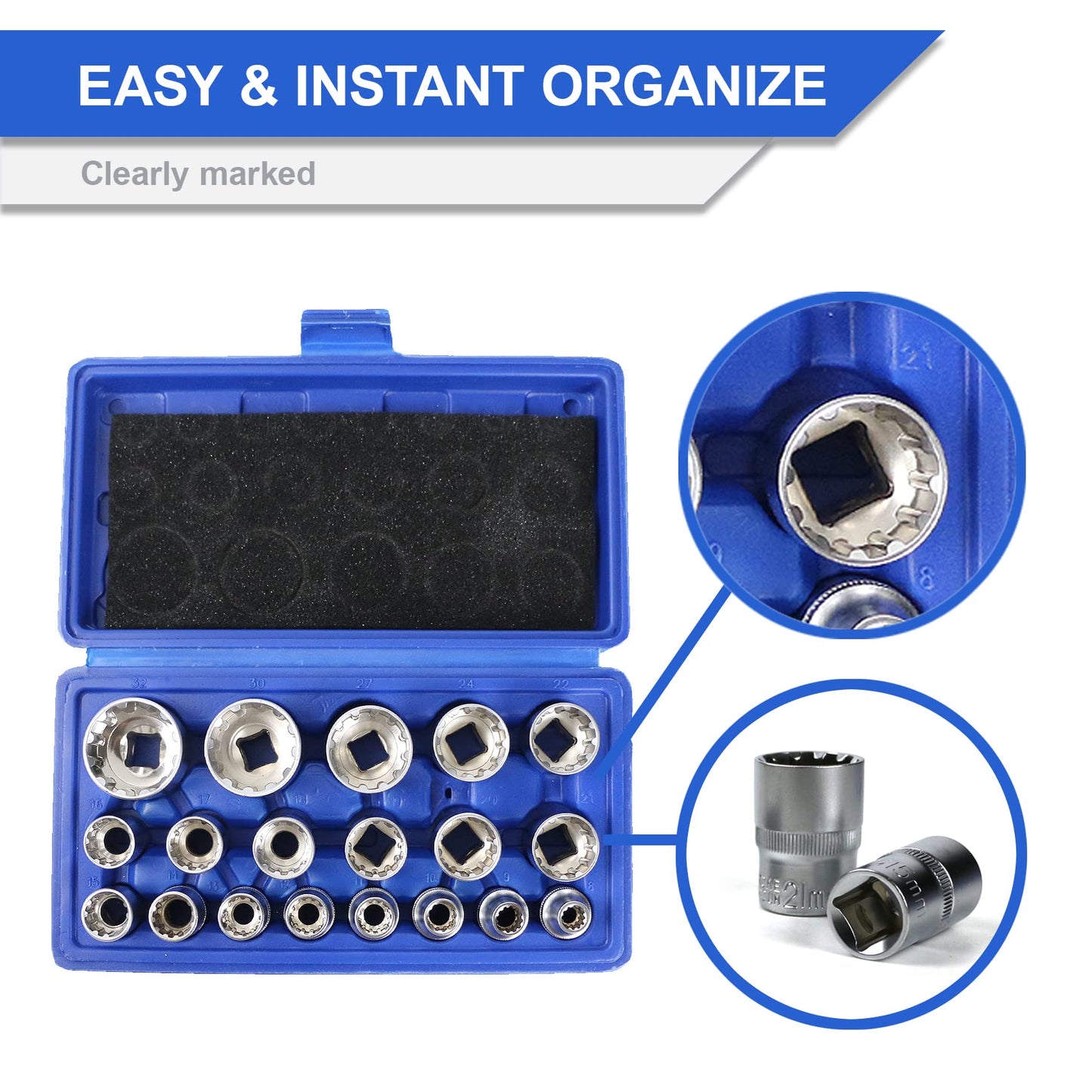 19 Pcs Spline Socket Set Metric, 12 Point Cr-V Socket Set, 1/2" Drive 8-32mm Spline Tool with Enhanced Storage Case