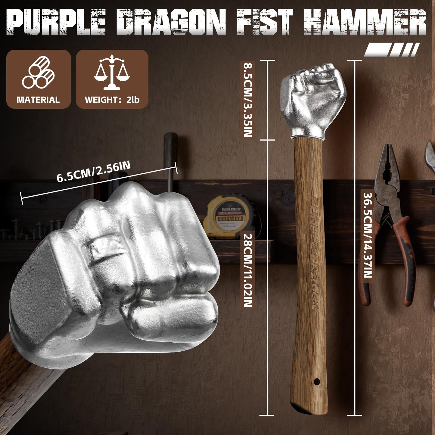 Purple Dragon Fist Hammer 2 lbs, Sledge Hammer Fist Shaped Stainless Steel, Ball Peen Hammers with Wooden Handle, Multi-Purpose Tool for DIY Crafting, Outdoor Camping, Home/Office Decor, Gifts for Men