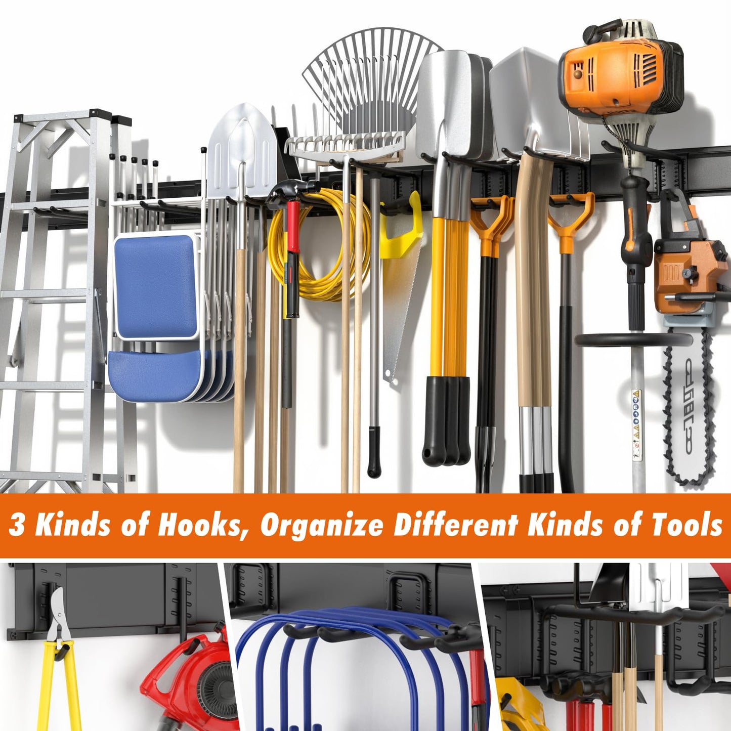Housolution Heavy Duty Garden Tool Organizer 64 Inch - 18Pack Carries 570 lbs, Garage Tool Organizer Storage System, 4 Rails with 12 Adjustable Hooks, Tool Holder Wall Mount for Warehouse, Workshop