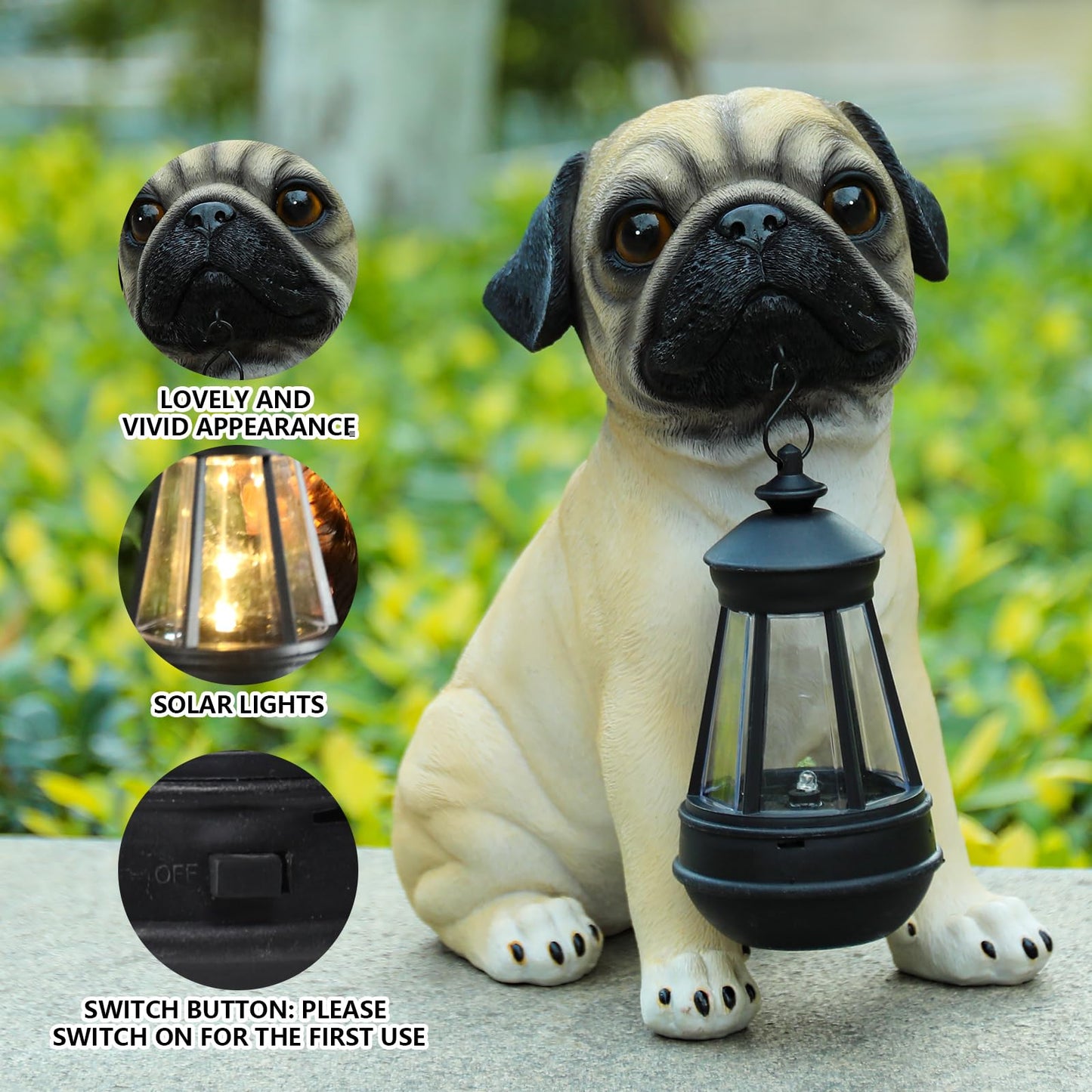 Garden Dog Statues Outdoor Decor, Solar Lights Outdoor Pug Figurines Solar Dog Ornaments for Patio, Lawn, Yard Art Decoration, Valentines Day Gifts, Housewarming Garden Gift