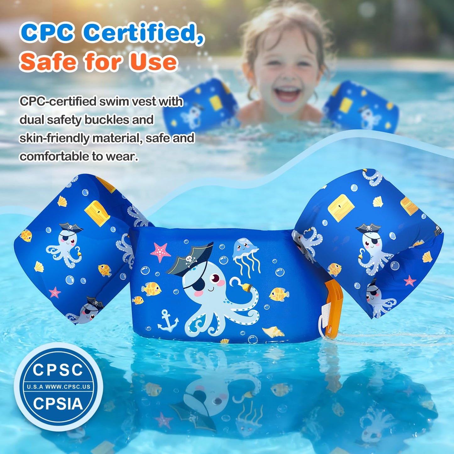 MoKo Swim Arm Band for Kids 20-30-40-50lbs, Clearance Toddler Swim Vest Cute Cartoon Swimming Wings Pool Floats Sleeve Children Water Sports Learning Swim Training Equipment, Dark Blue Octopus