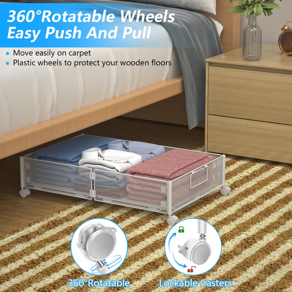 VyGrow Under Bed Storage Containers, Under Bed Storage with Wheels, Shoe Organizer Under Bed with Handles, Tool-free Assembly Underbed Storage for Clothes, Shoes, Blankets, Toy Storage, White, 2Pack
