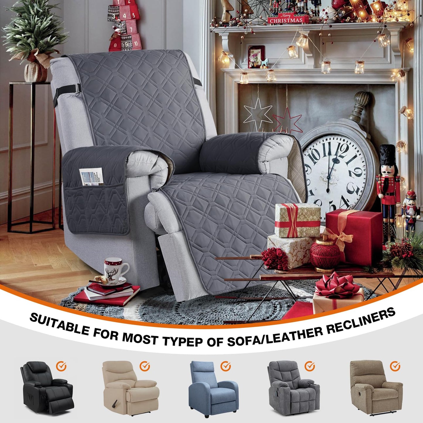 VANSOFY Waterproof Recliner Chair Covers, Recliner Cover Non-Slip Dog Chair Cover Furniture Protector Washable Slipcover with Pocket, Elastic Straps for Pets, Dogs(Dark Gray, 23.6")