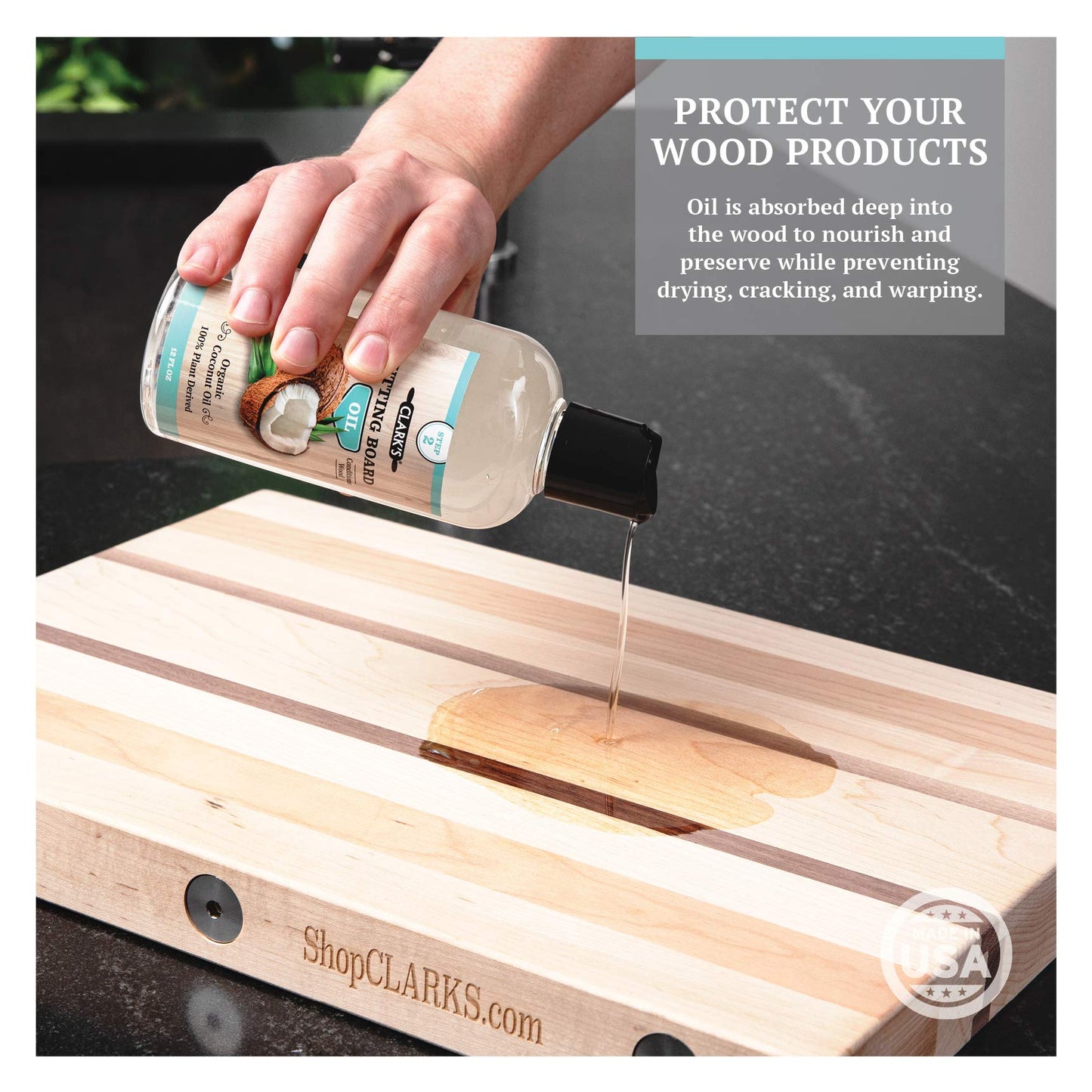 CLARK'S Coconut Cutting Board Oil and Wax Finishing Kit - Made With Refined Coconut Oil - Includes 12oz Oil, 6oz Wax, Small Applicator and Buffing Pad - For Butcher Block